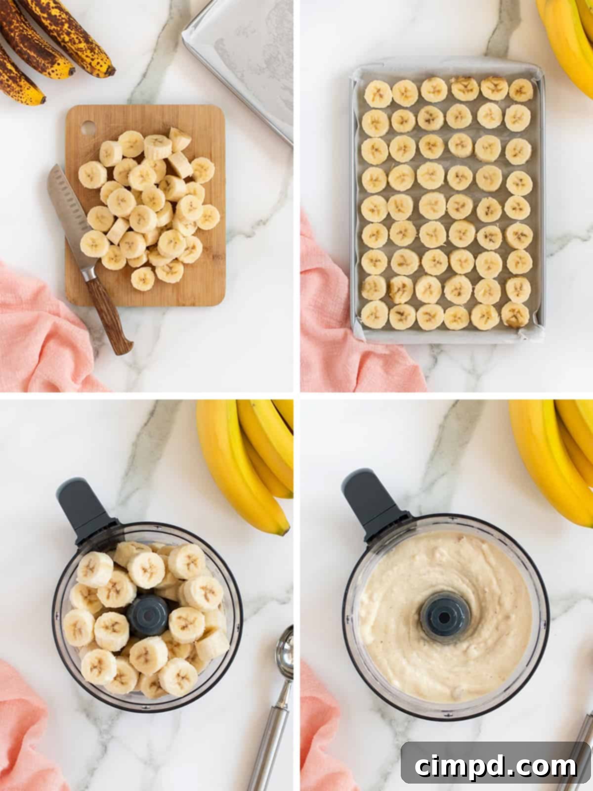 Pure Banana Bliss 4 The food processor blending frozen bananas into a smooth, creamy texture for One-Ingredient Banana Ice Cream, by The BakerMama