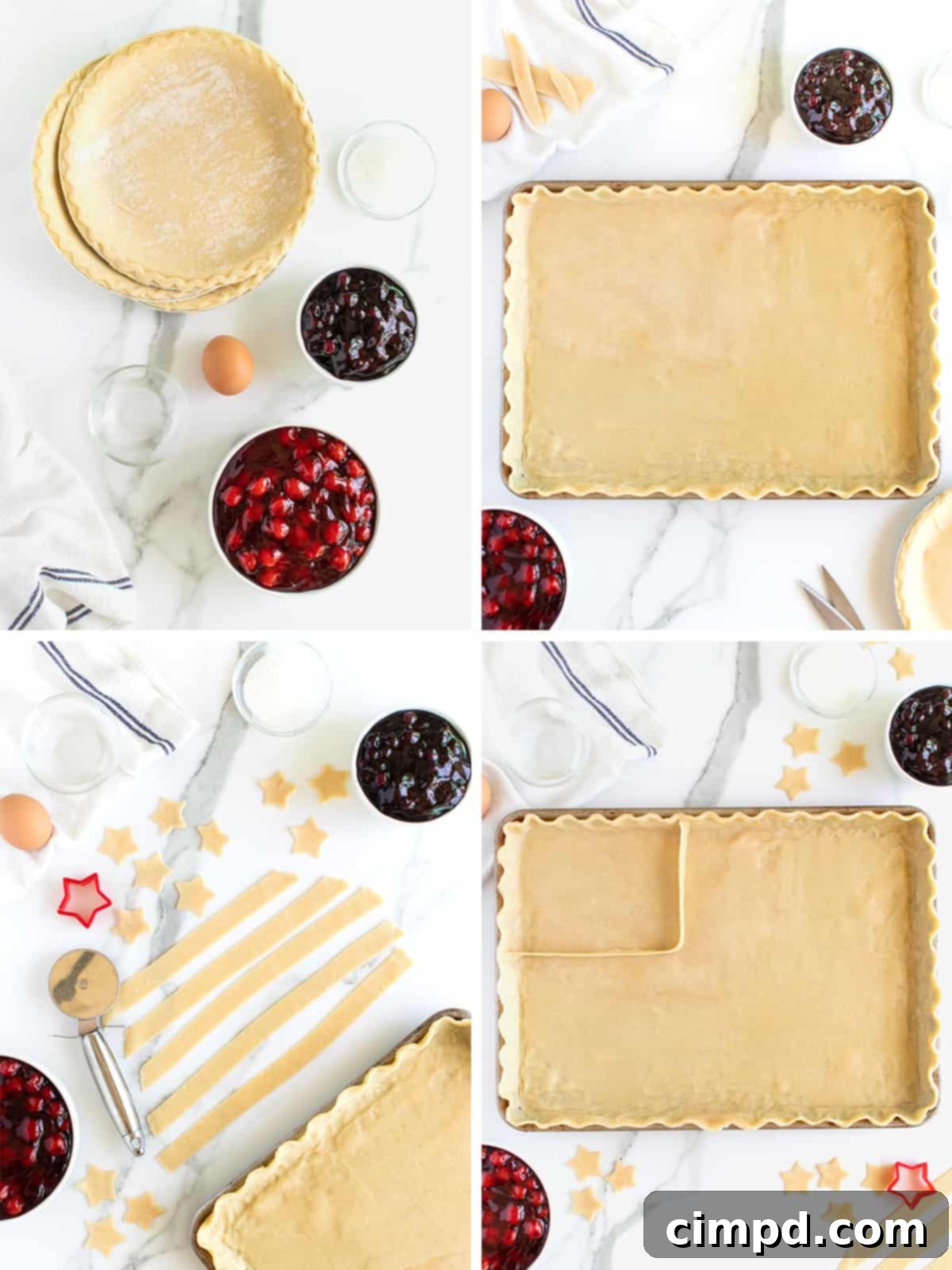 Stars and Stripes Pie 6 Close-up step-by-step images showing the assembly of the American Flag Pie, including forming the crust, adding fillings, and arranging stripes and stars.