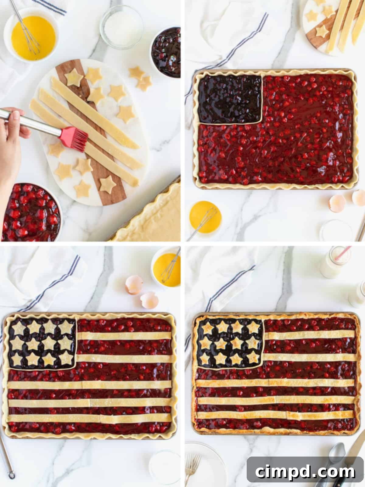 Stars and Stripes Pie 7 Further step-by-step images showing the prepared American Flag Pie before baking, with egg wash and sparkling sugar applied.