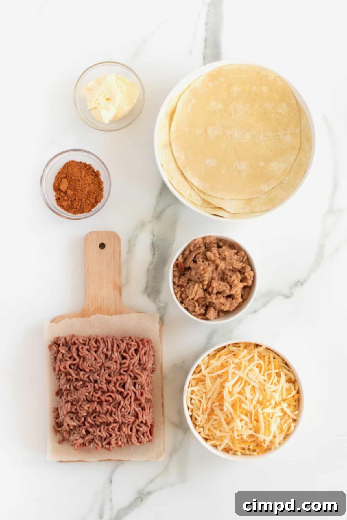 Ingredients laid out for Beef and Bean Sheet Pan Quesadillas