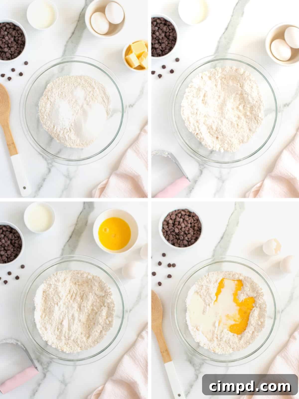 Step-by-step process of making Chocolate Chip Scones, showing ingredients and mixing