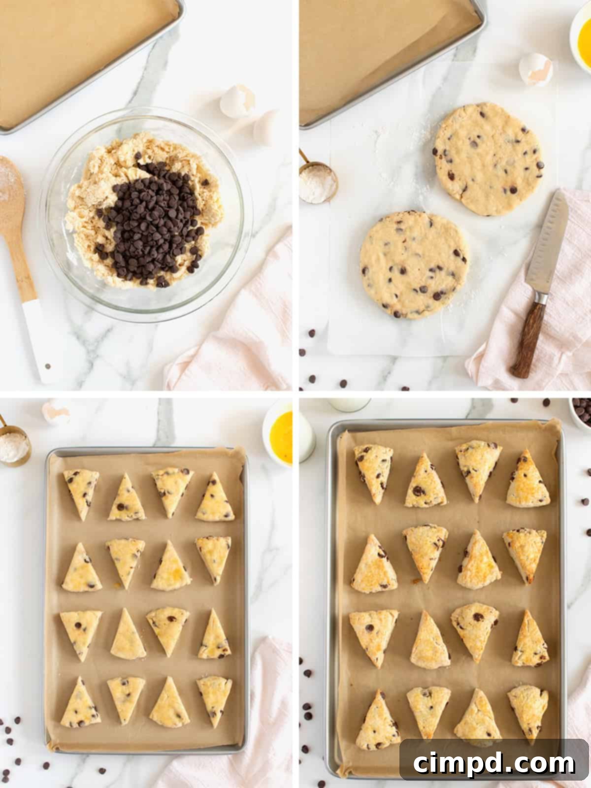Chocolate Chip Scones being prepared for baking, showing the egg wash and wedge shapes