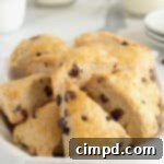 Perfectly baked Chocolate Chip Scones with melted chocolate
