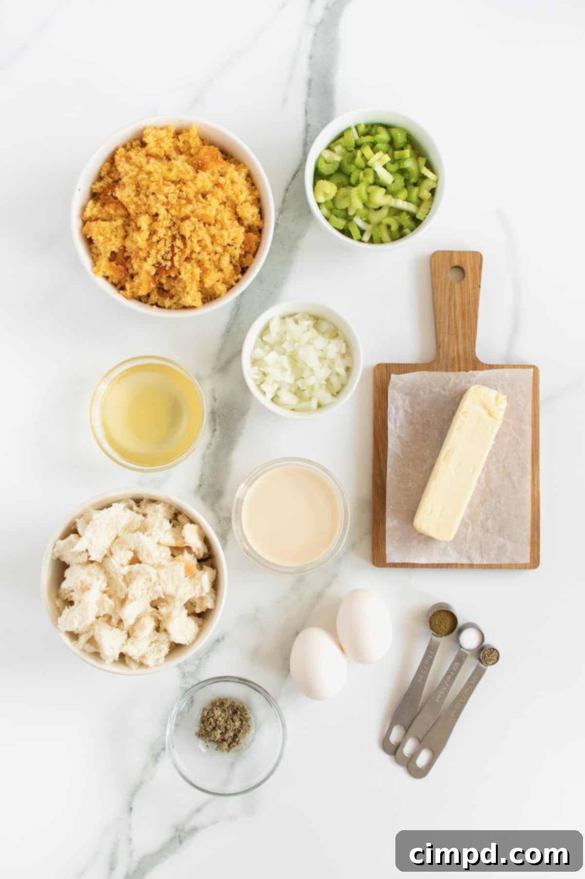 Ingredients for Southern Cornbread Dressing laid out on a table
