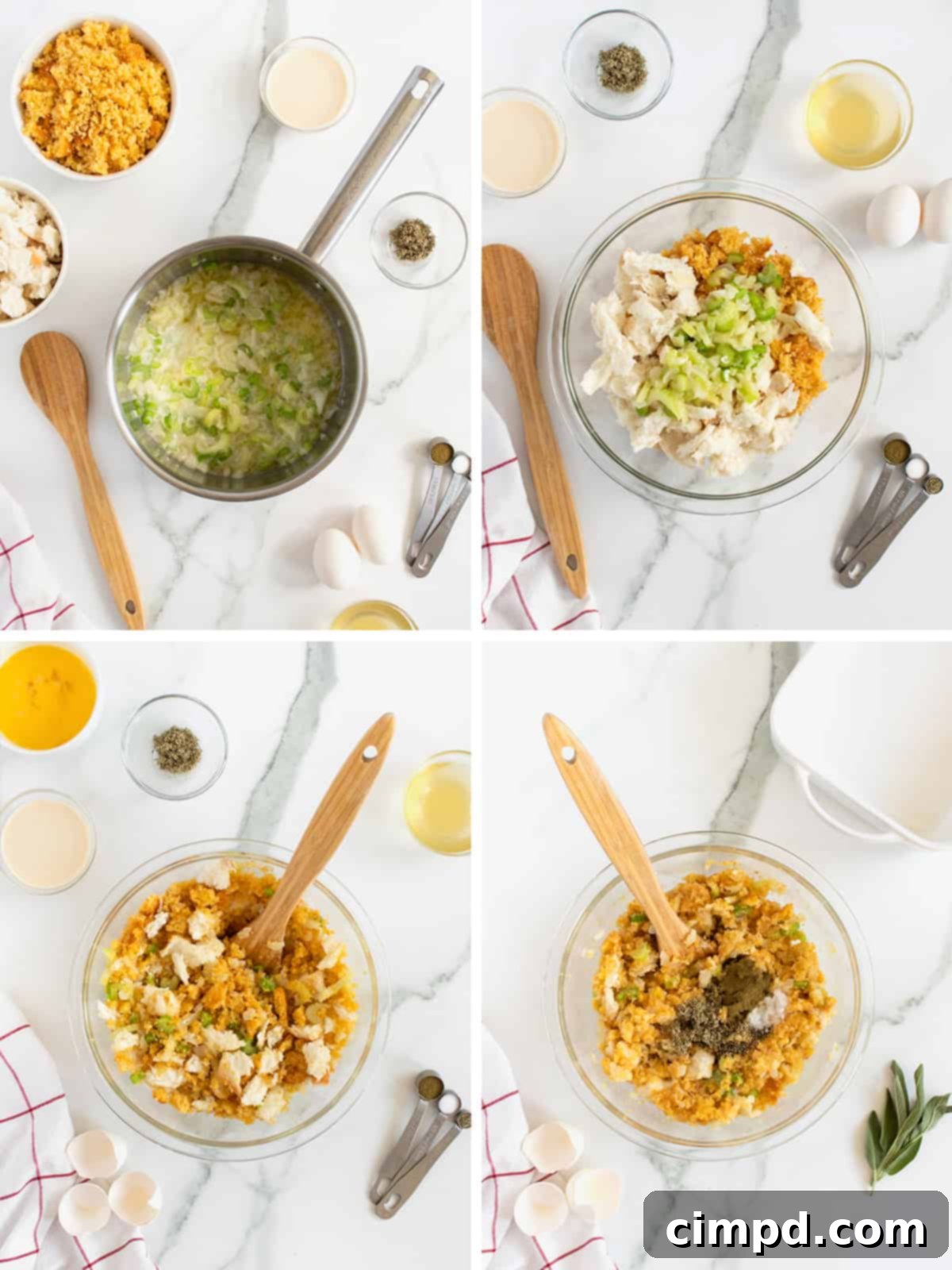 Step-by-step photos for making Cornbread Dressing, from mixing to baking