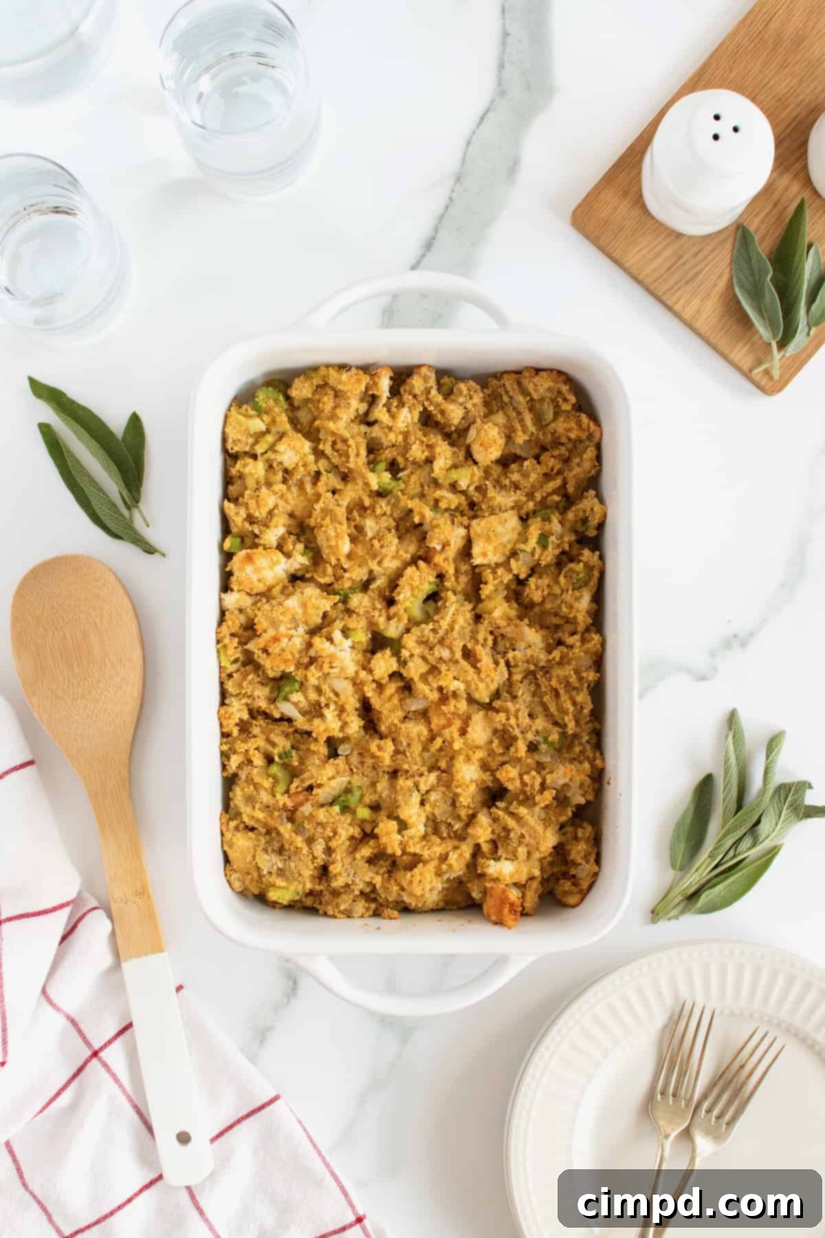 Plated Southern Cornbread Dressing ready to be served for a holiday meal