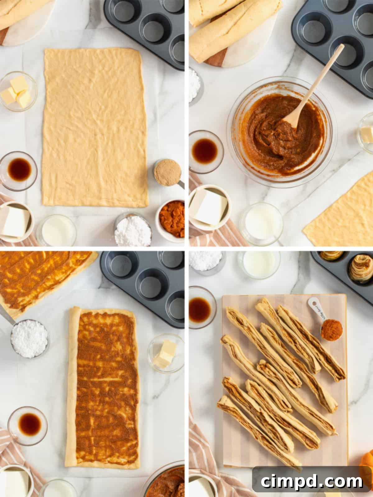 Spiced Pumpkin Cruffins 5 Step-by-step image collage showing the process of rolling and cutting crescent roll dough with pumpkin spice filling for cruffins.