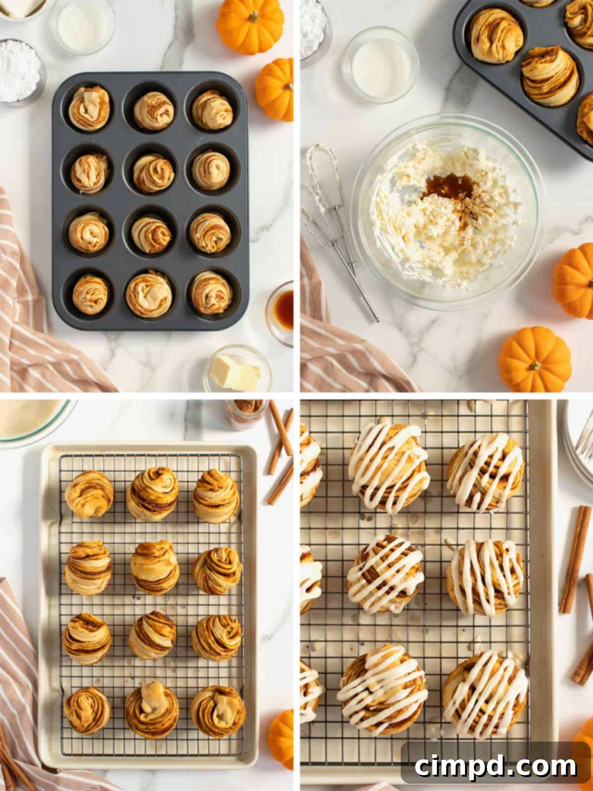 Spiced Pumpkin Cruffins 7 Step-by-step image collage showing the baking of pumpkin spice cruffins in a muffin pan and the final glazing process on a cooling rack.