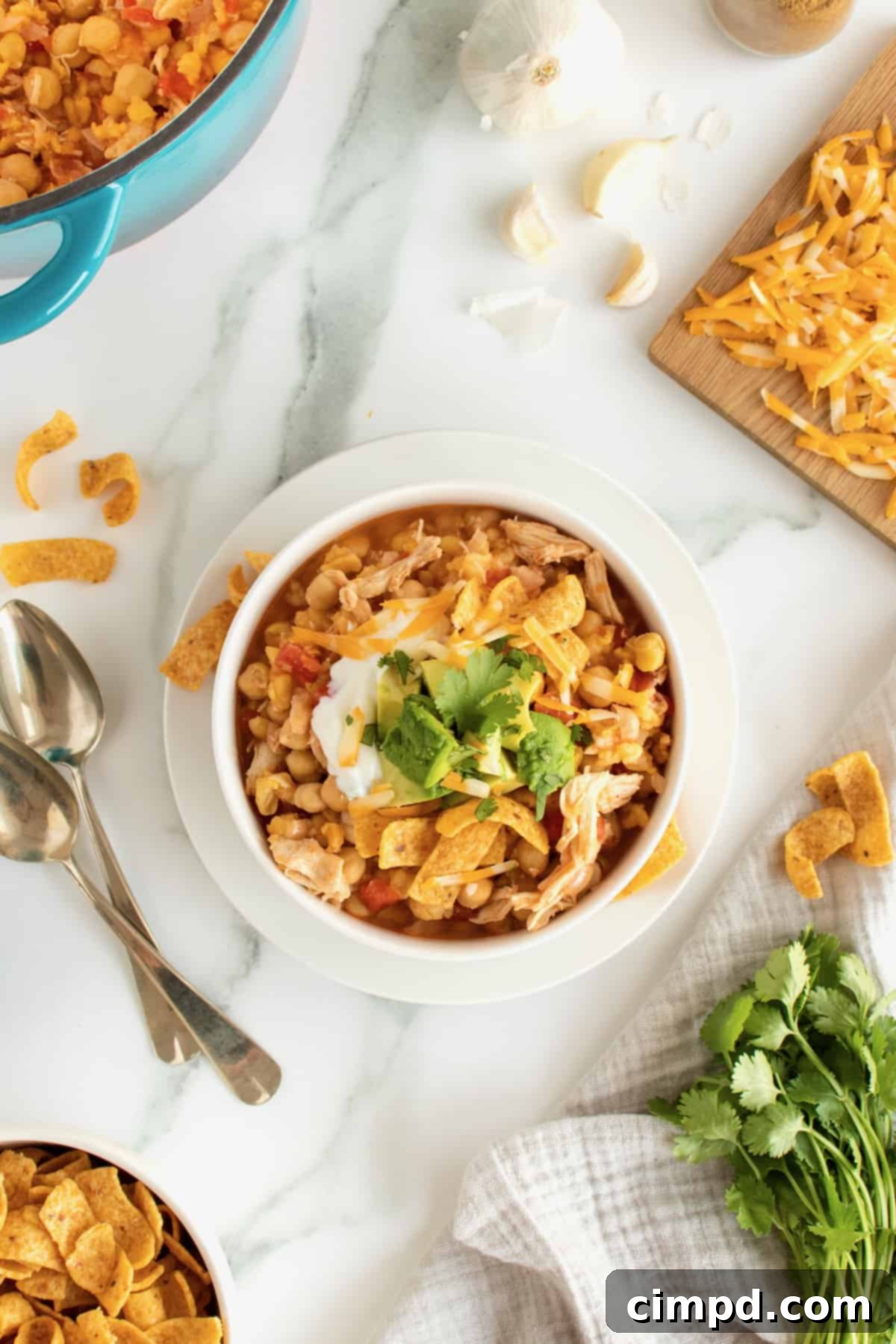 Easy Chicken Chili garnished with fresh ingredients