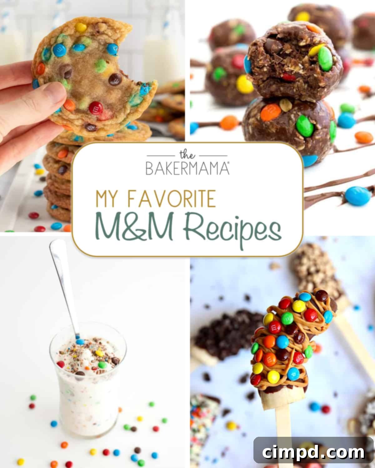 A vibrant collage of various M&M dessert recipes, including cookies, bars, and frozen treats, by The BakerMama