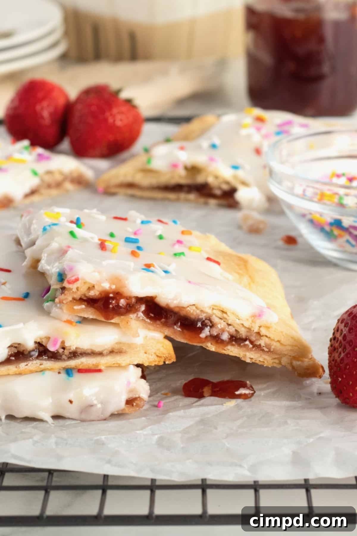 Easy Homemade Strawberry Sheet Pan Pop Tart 3 Close-up of the delicious strawberry filling and golden crust of a freshly baked sheet pan pop tart.