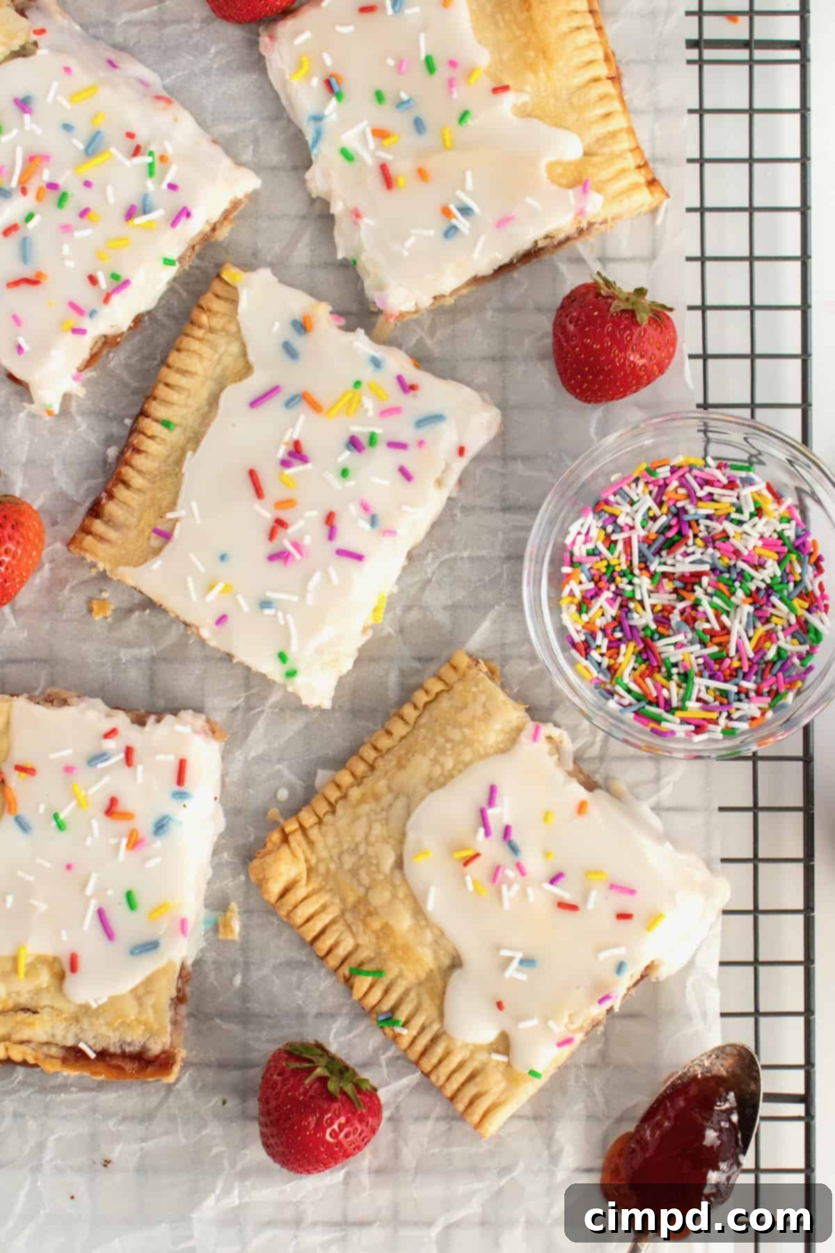 Easy Homemade Strawberry Sheet Pan Pop Tart 9 The finished homemade strawberry sheet pan pop tart, beautifully iced and covered in colorful sprinkles, ready for slicing.