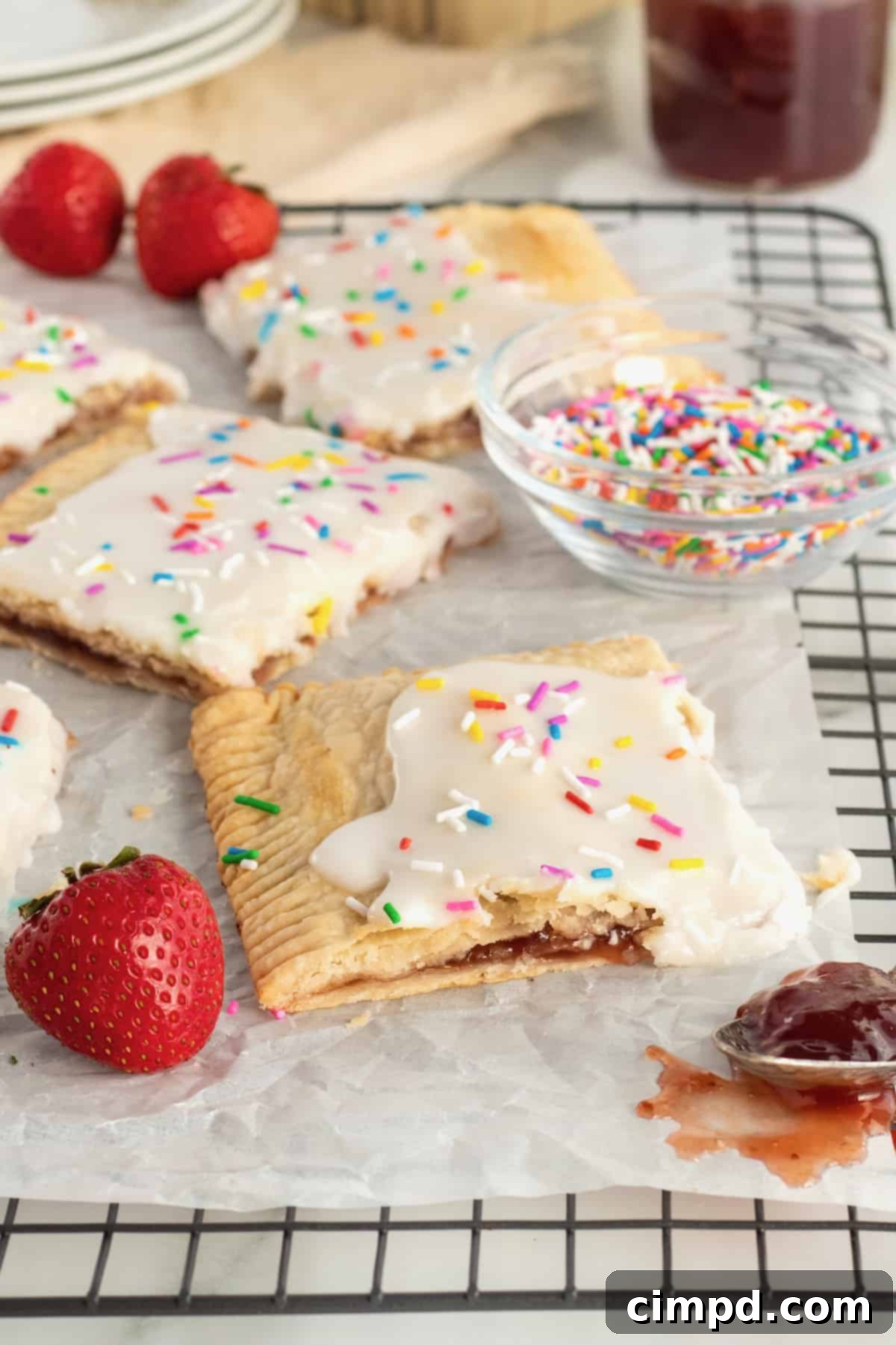 Easy Homemade Strawberry Sheet Pan Pop Tart 10 A large, perfectly baked homemade strawberry sheet pan pop tart with a delicious icing and colorful sprinkles, ready to be enjoyed.