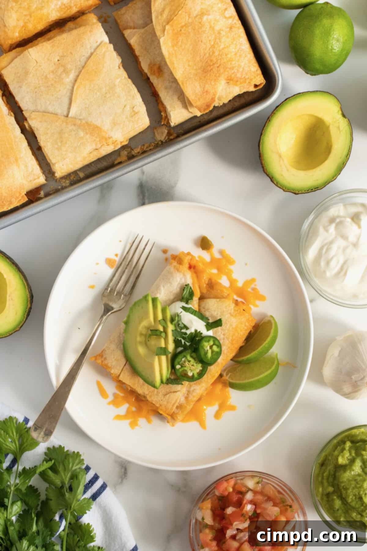 Chicken Fajita Sheet Pan Melts 3 Close-up of Chicken Fajita Sheet Pan Quesadilla with fresh toppings