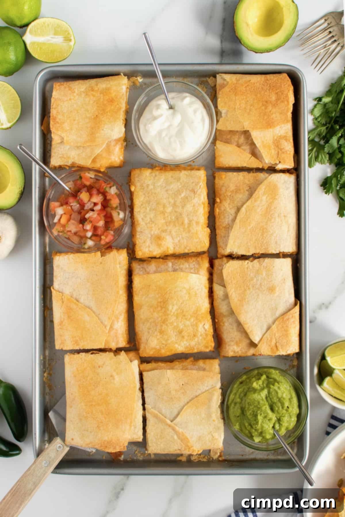 Chicken Fajita Sheet Pan Melts 10 Chicken Fajita Sheet Pan Quesadilla, perfectly sliced and ready to serve