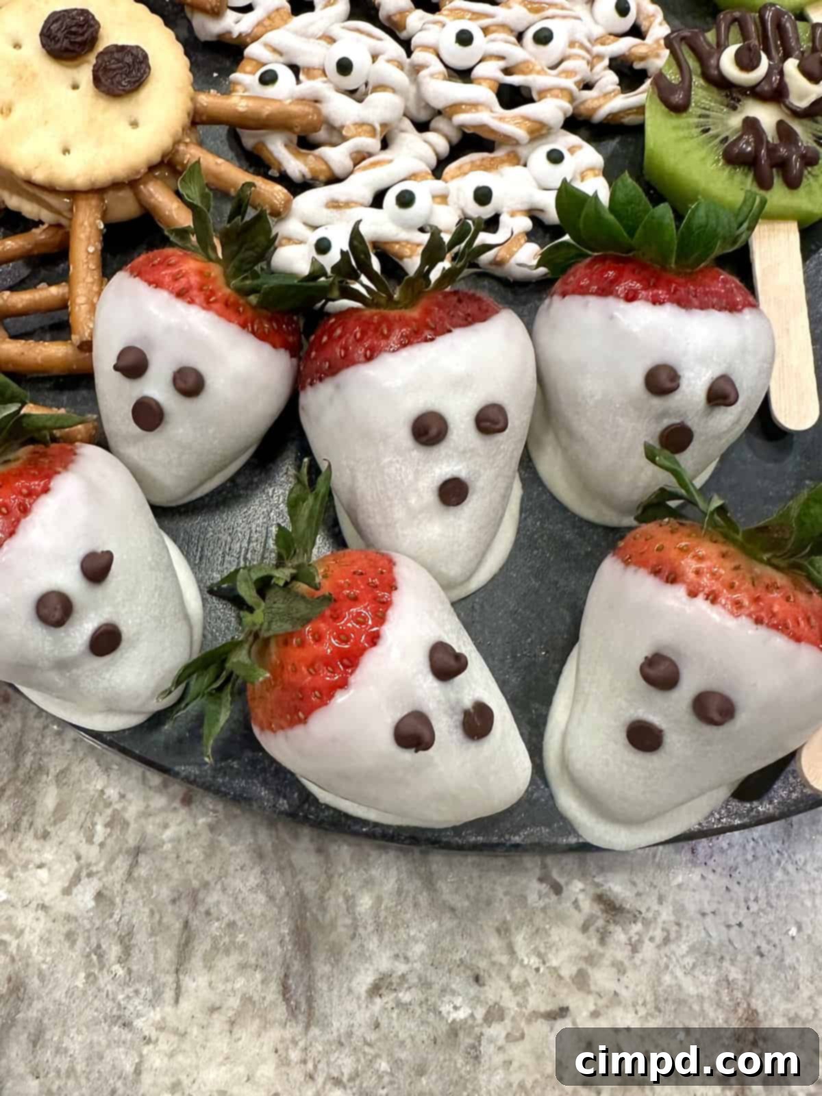 5 Spooktacularly Cute Halloween Goodies 6 Fresh strawberry ghosts with white candy coating and chocolate chip faces, arranged on a rustic Halloween-themed surface.