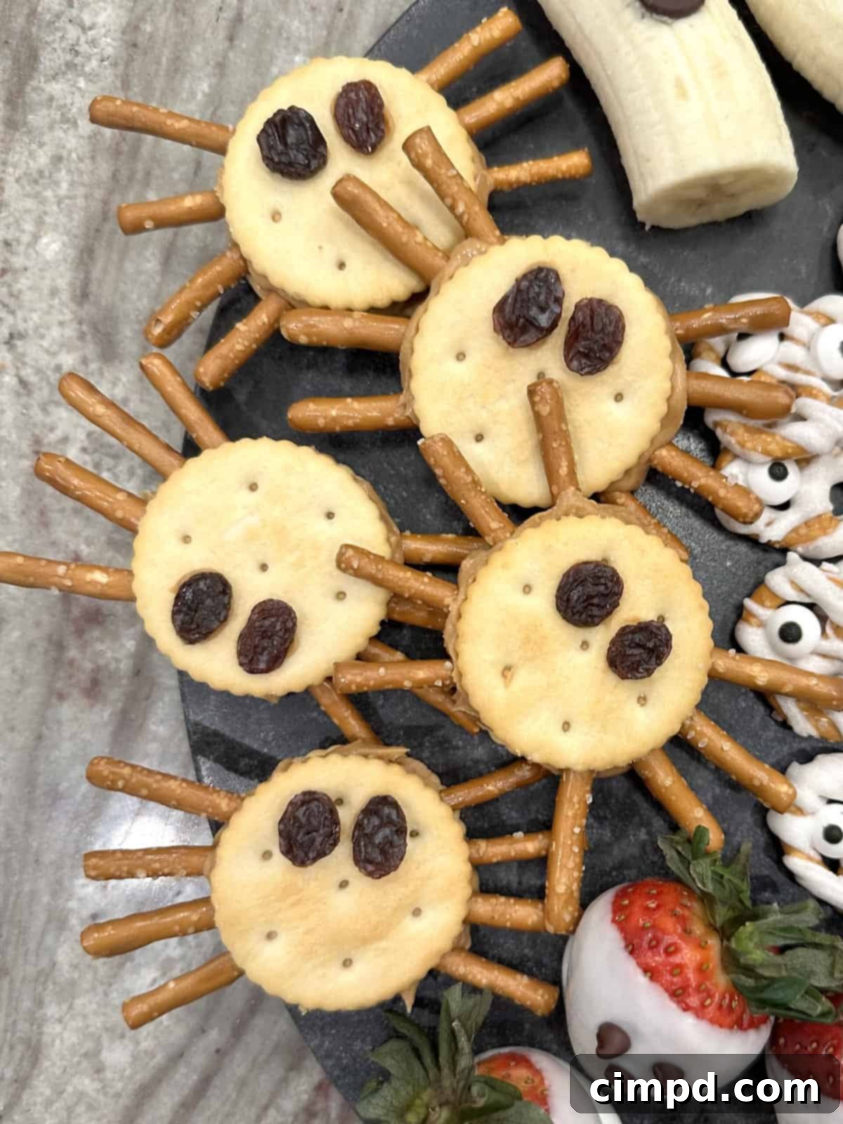 5 Spooktacularly Cute Halloween Goodies 8 Peanut Butter Cracker Spiders, a spooky cute Halloween treat, featuring crackers, peanut butter, pretzel stick legs, and raisin eyes, ready for a party.