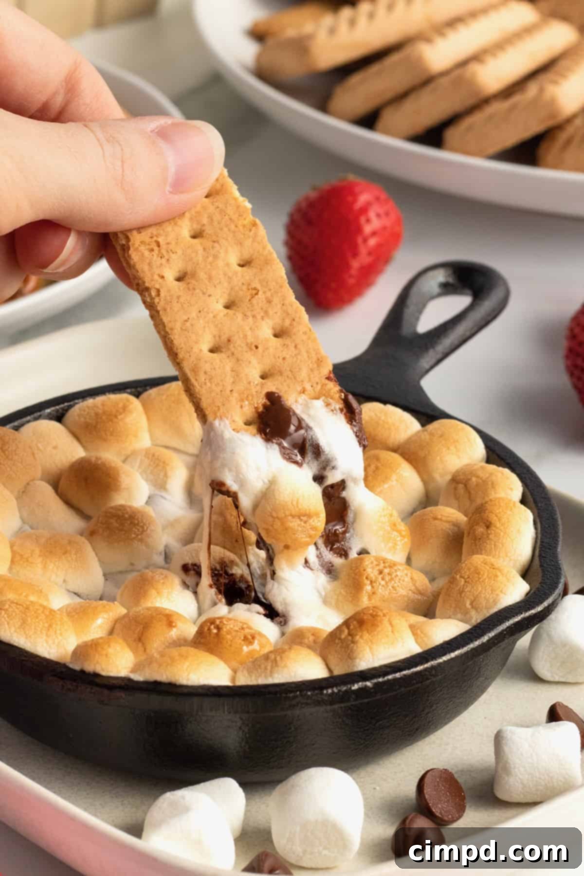 A warm, bubbling Skillet S'mores Dip, ready for dipping, served in a rustic cast iron skillet.
