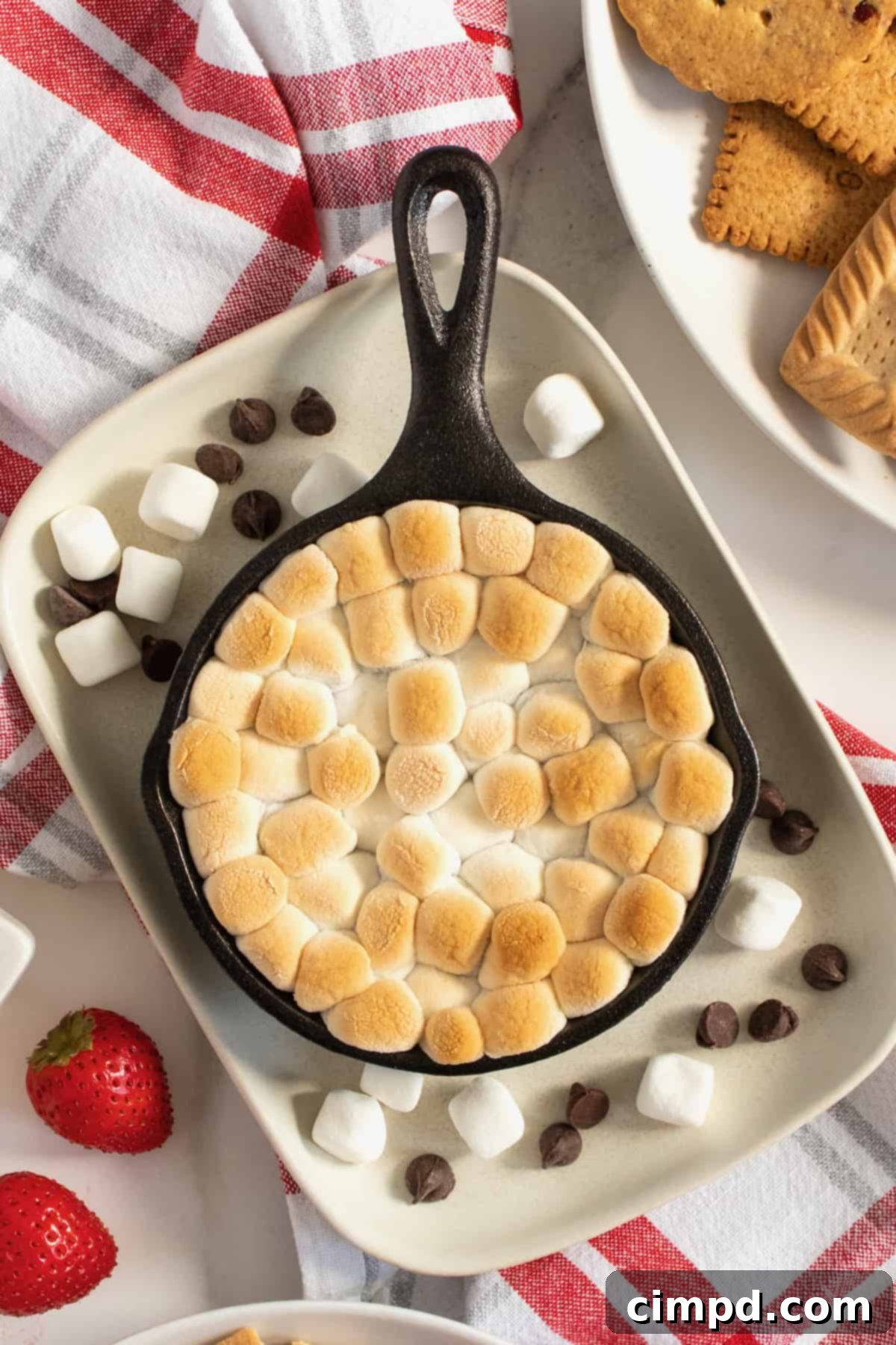 Close-up of Skillet S'mores Dip with a spoon, showing the melted chocolate and golden marshmallows.