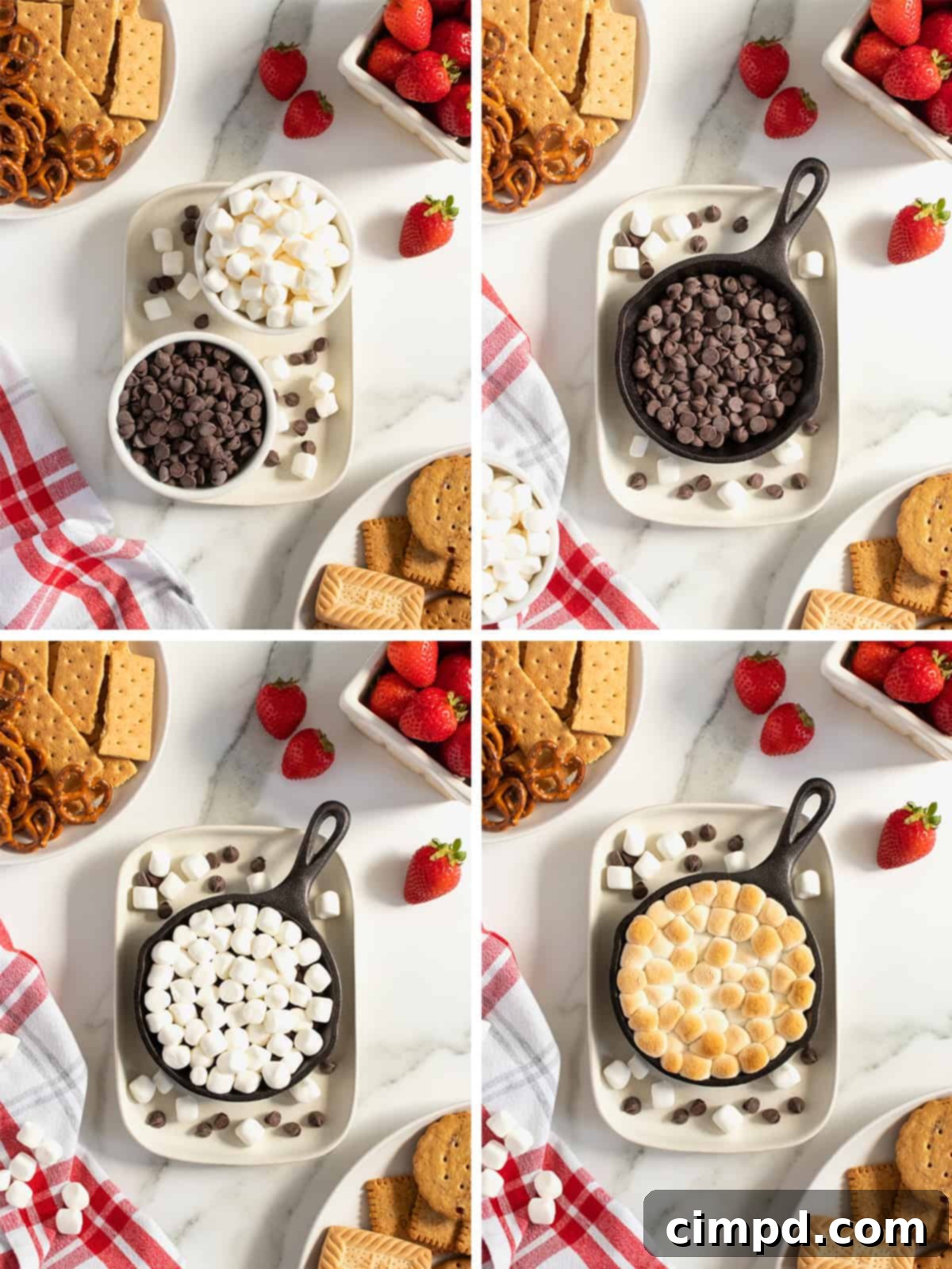 Step-by-step image collage showing how to make S'mores Skillet Dip.