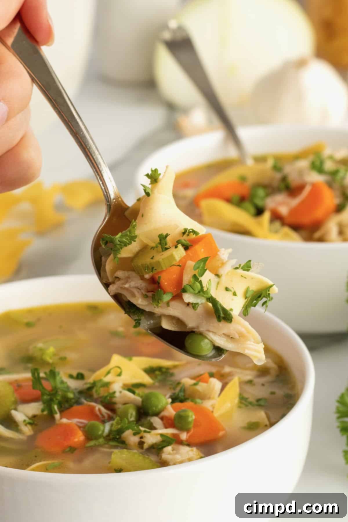 Close-up of a bowl of homemade chicken noodle soup, showing noodles, chicken, and vegetables, by The BakerMama