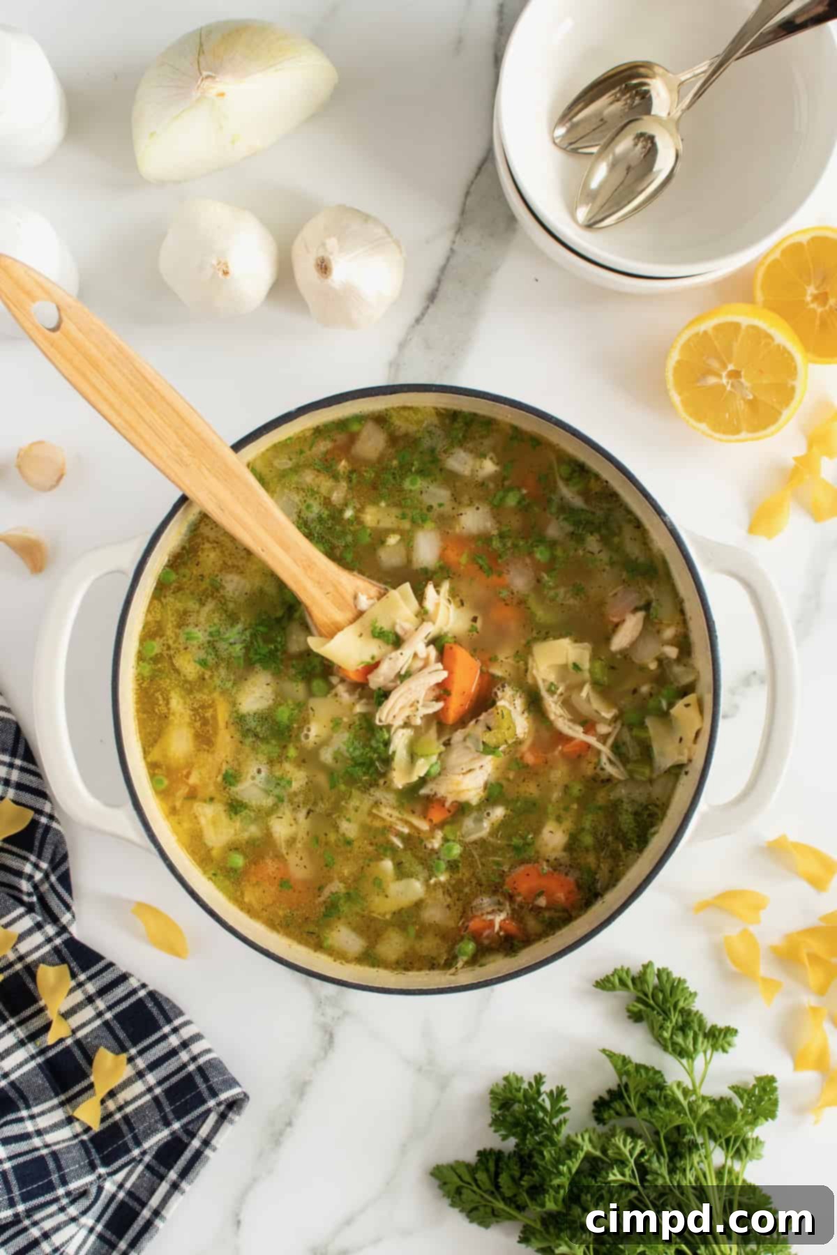 A close-up shot of homemade chicken noodle soup in a bowl, with steam rising, by The BakerMama