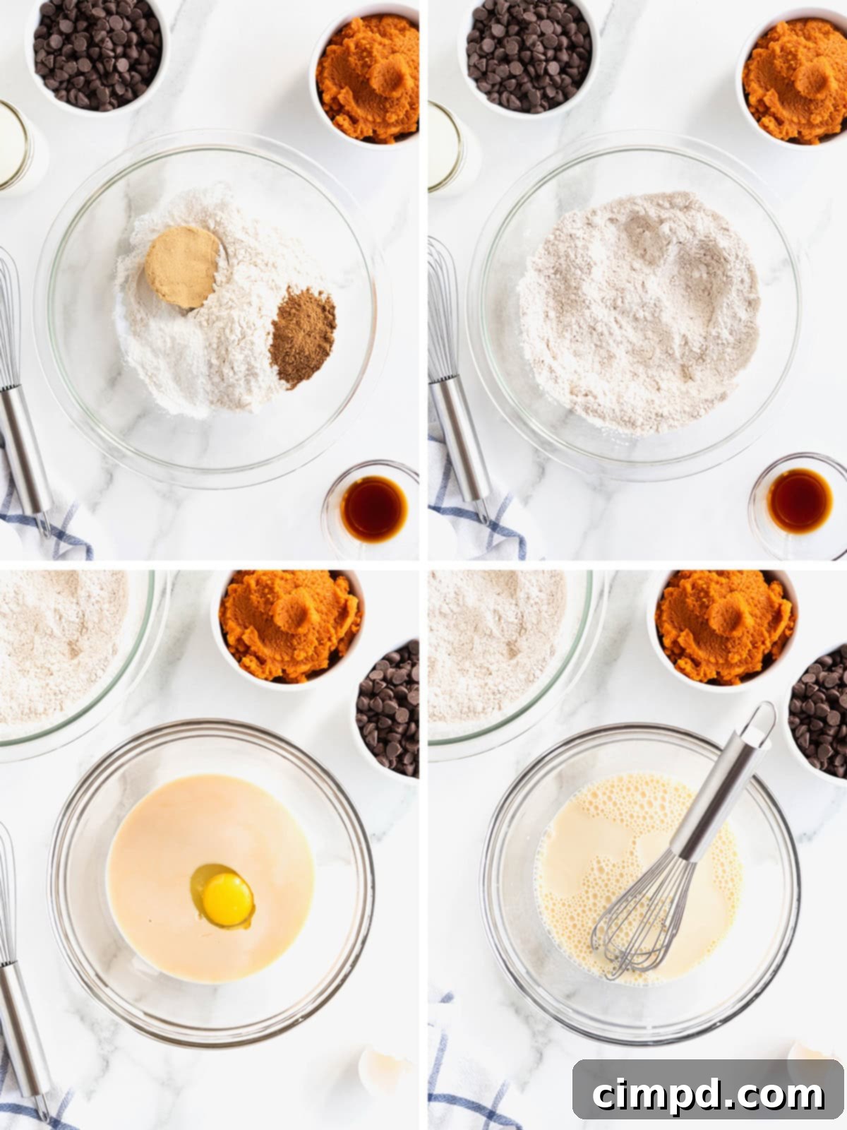 Spiced Pumpkin Chocolate Chip Pancakes 6 Two glass bowls showcasing the initial steps of making pumpkin chocolate chip pancakes: dry ingredients in one bowl and wet ingredients in another, ready to be combined.