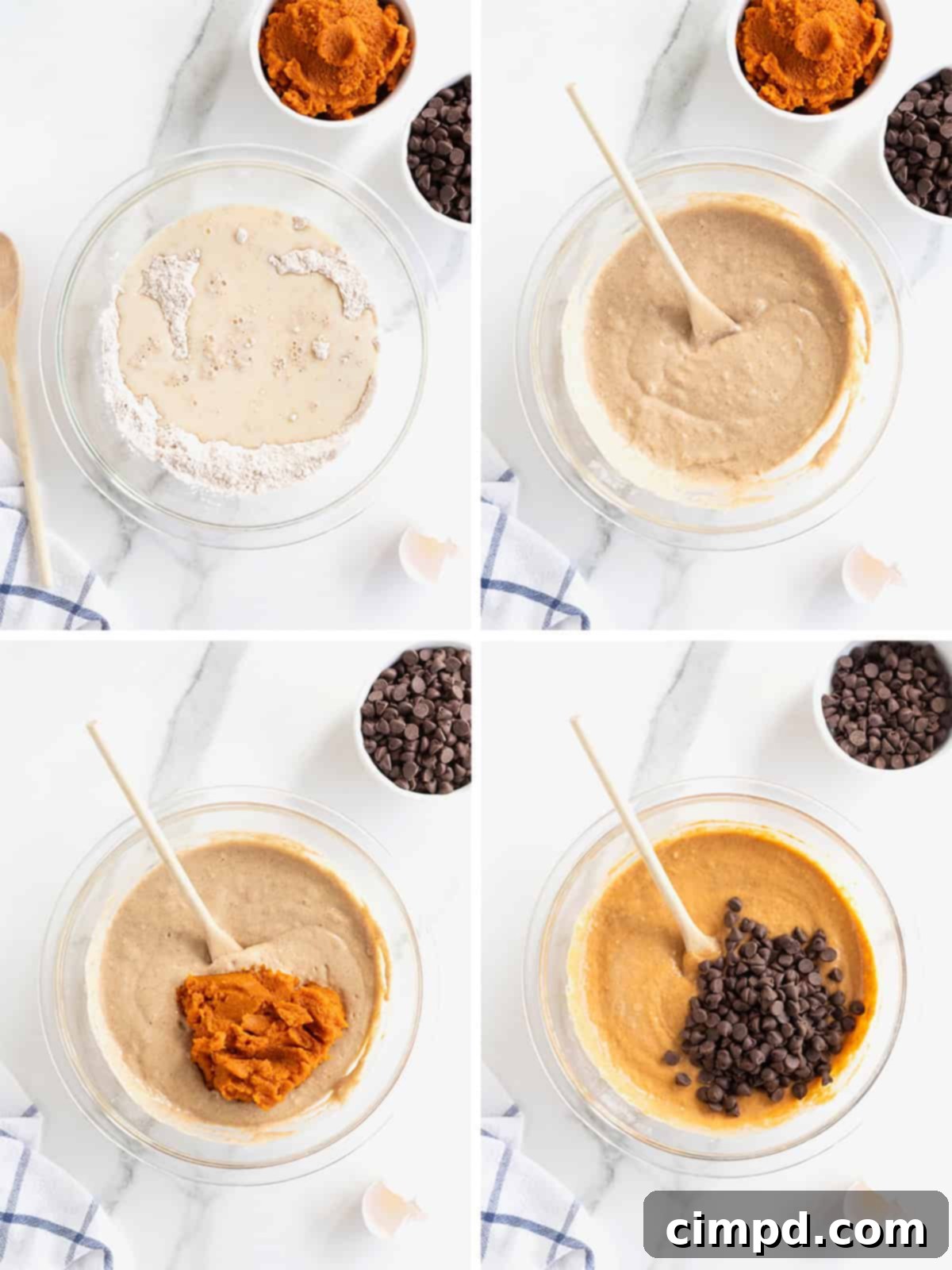 Spiced Pumpkin Chocolate Chip Pancakes 7 A close-up view of the pumpkin pancake batter in a white bowl, showing the combined wet and dry ingredients and perfectly folded-in chocolate chips, ready for cooking.