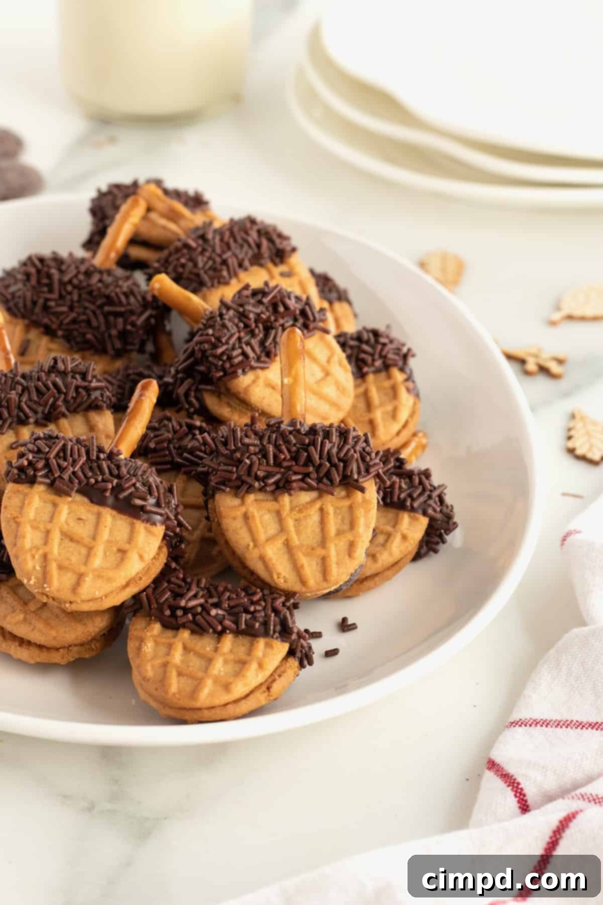 Nutty Acorns 3 Up-close shot of Nutter Butter Acorns showing detail by The BakerMama