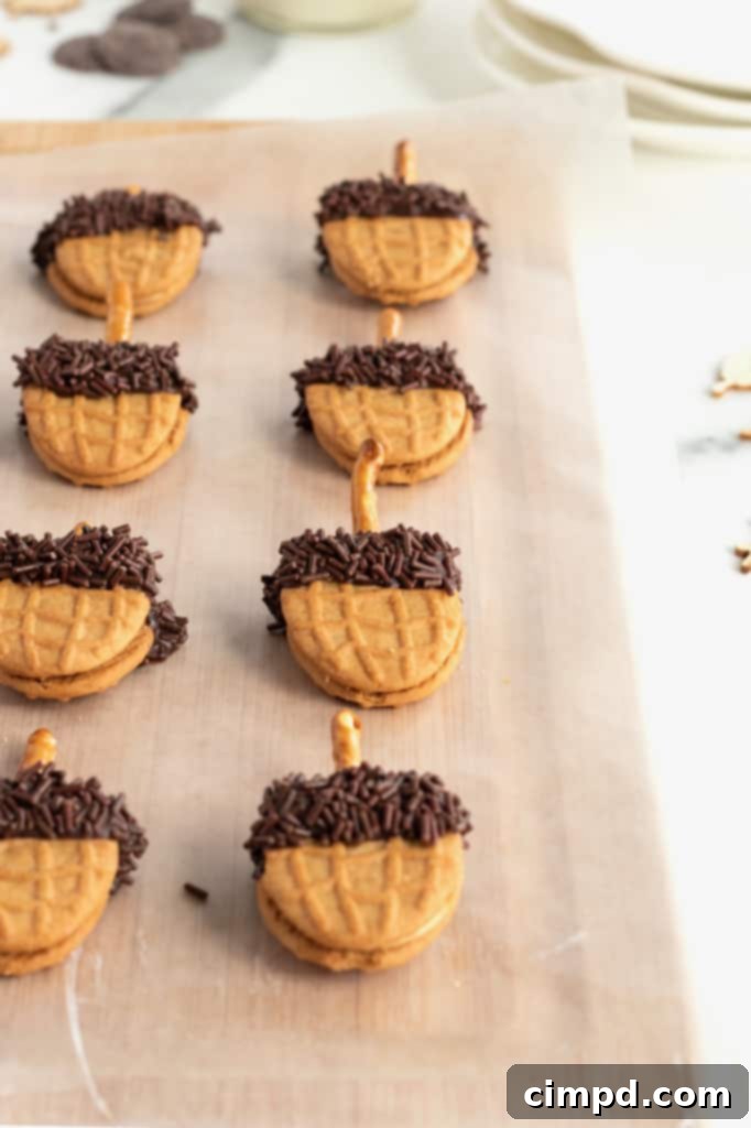 Nutty Acorns 7 Nutter Butter Acorns neatly stored in an airtight container by The BakerMama