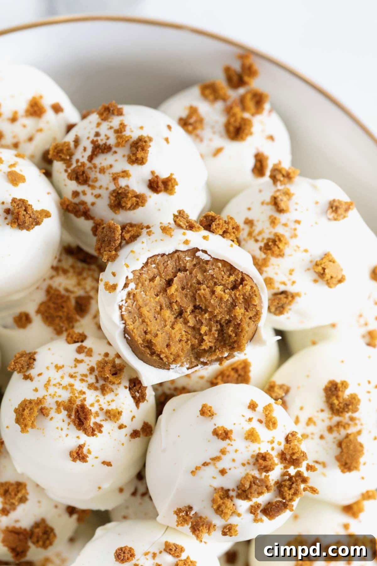 Another view of the elegant white gold-rimmed serving dish, generously filled with irresistible pumpkin spice cake balls, adorned with festive sprinkles.