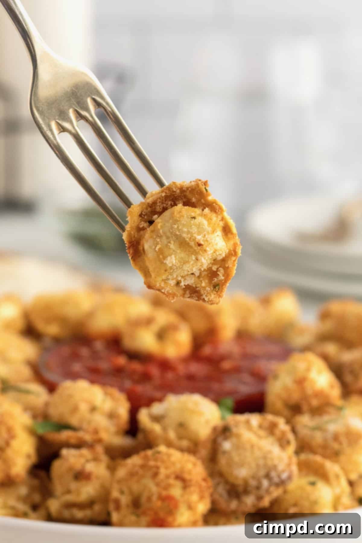 Close-up of golden Toasted Tortellini Bites ready to be served