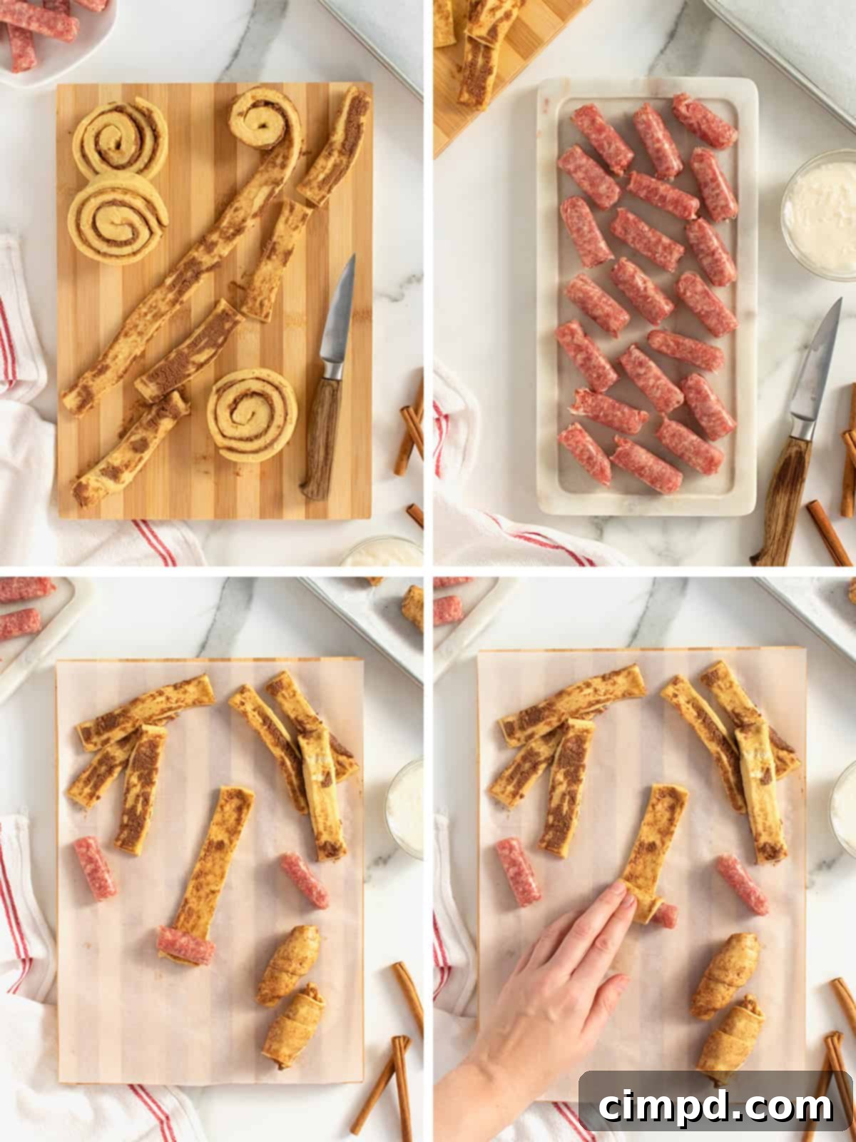 Step-by-step images showing how to unroll cinnamon dough and wrap it around sausage links.