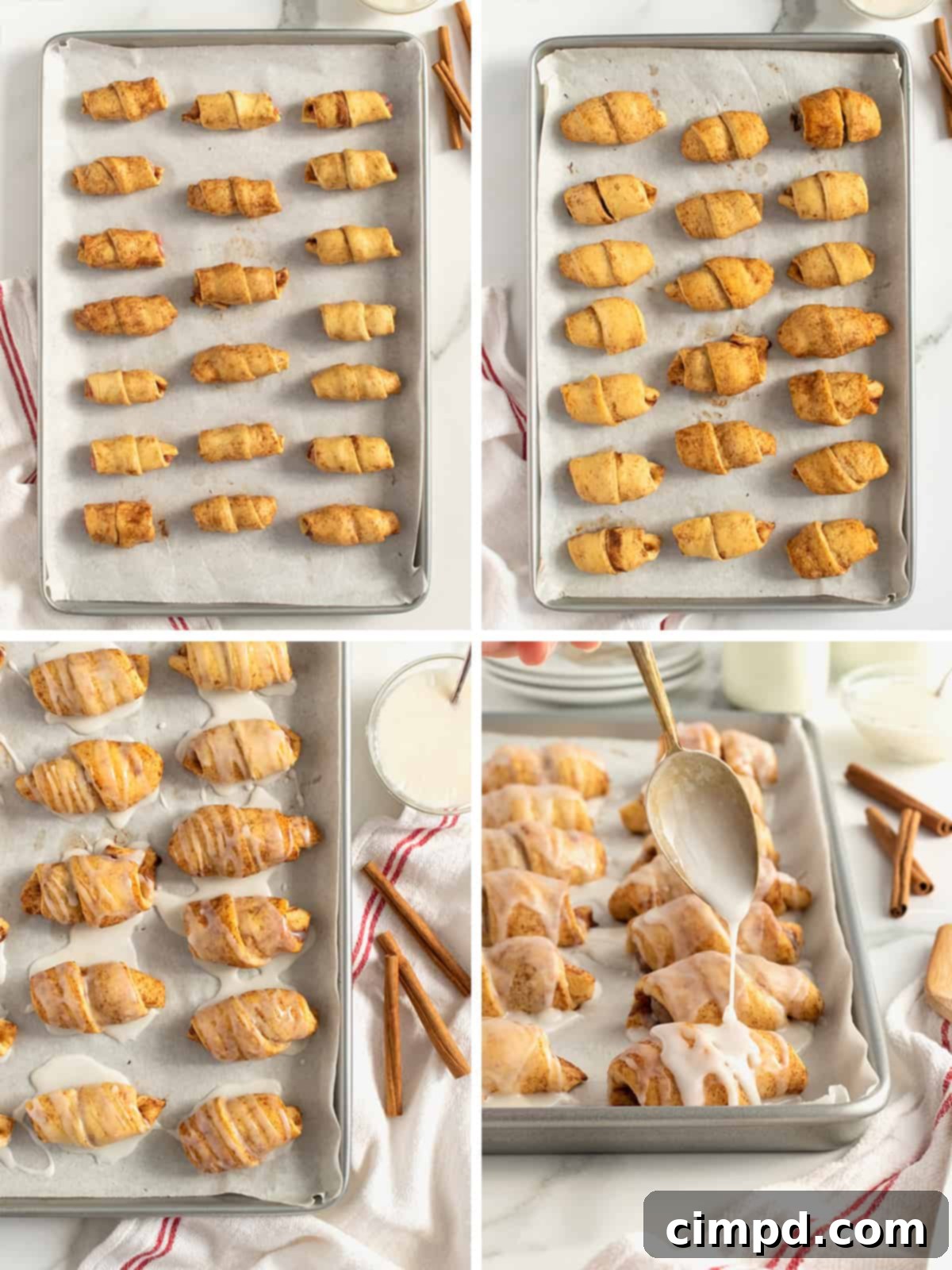 Cinnamon Glazed Sausage Rolls 9 Baked Cinnamon Roll Pigs in a Blanket being drizzled with warm icing on a baking sheet.