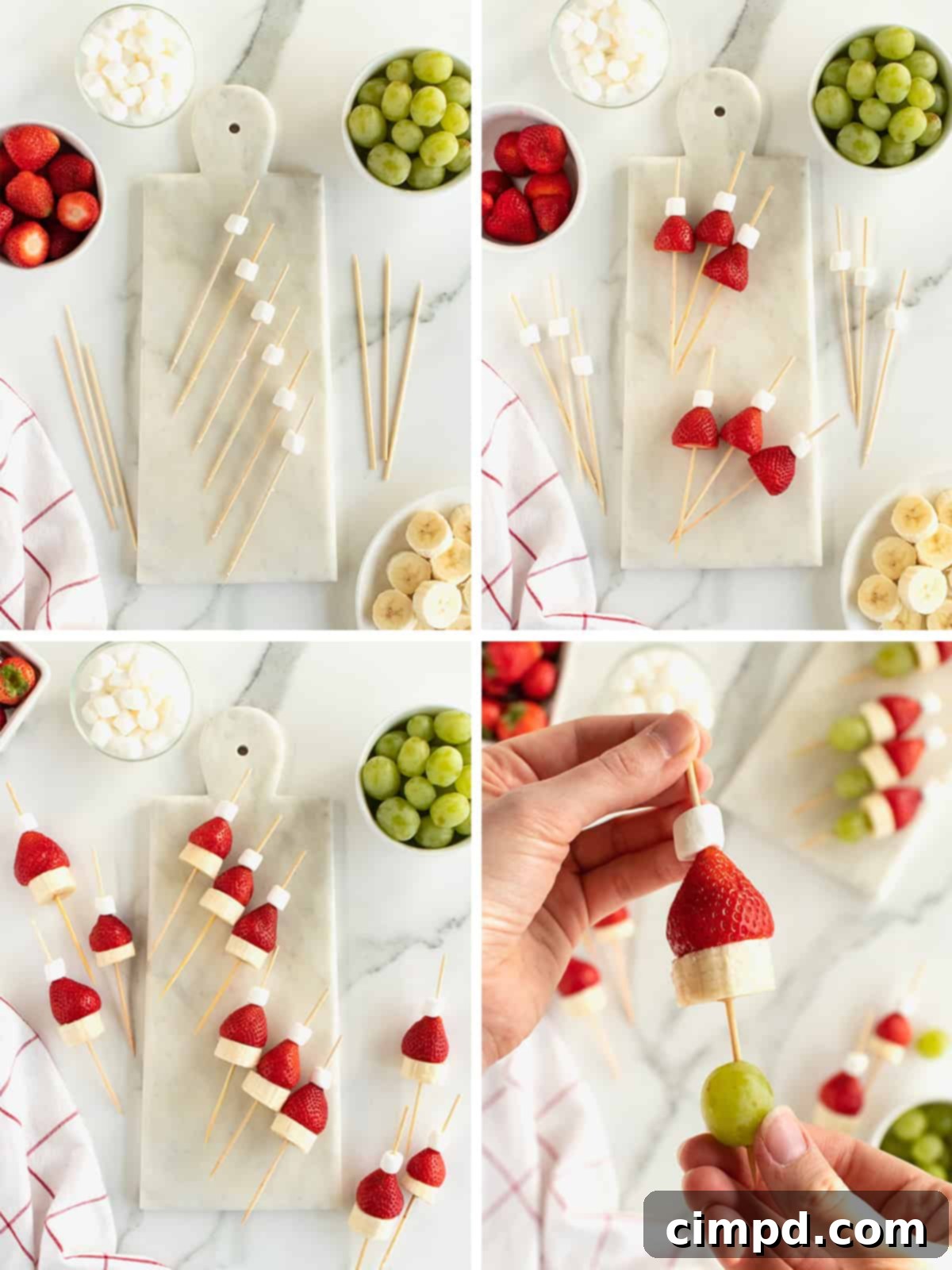 Step-by-step visual guide on how to assemble Grinch Fruit Skewers, showing the order of marshmallow, strawberry, banana, and grape.