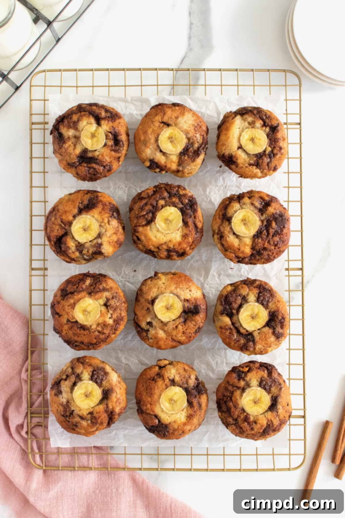 Delicious Cinnamon Swirled Banana Muffins with a perfect cinnamon ribbon