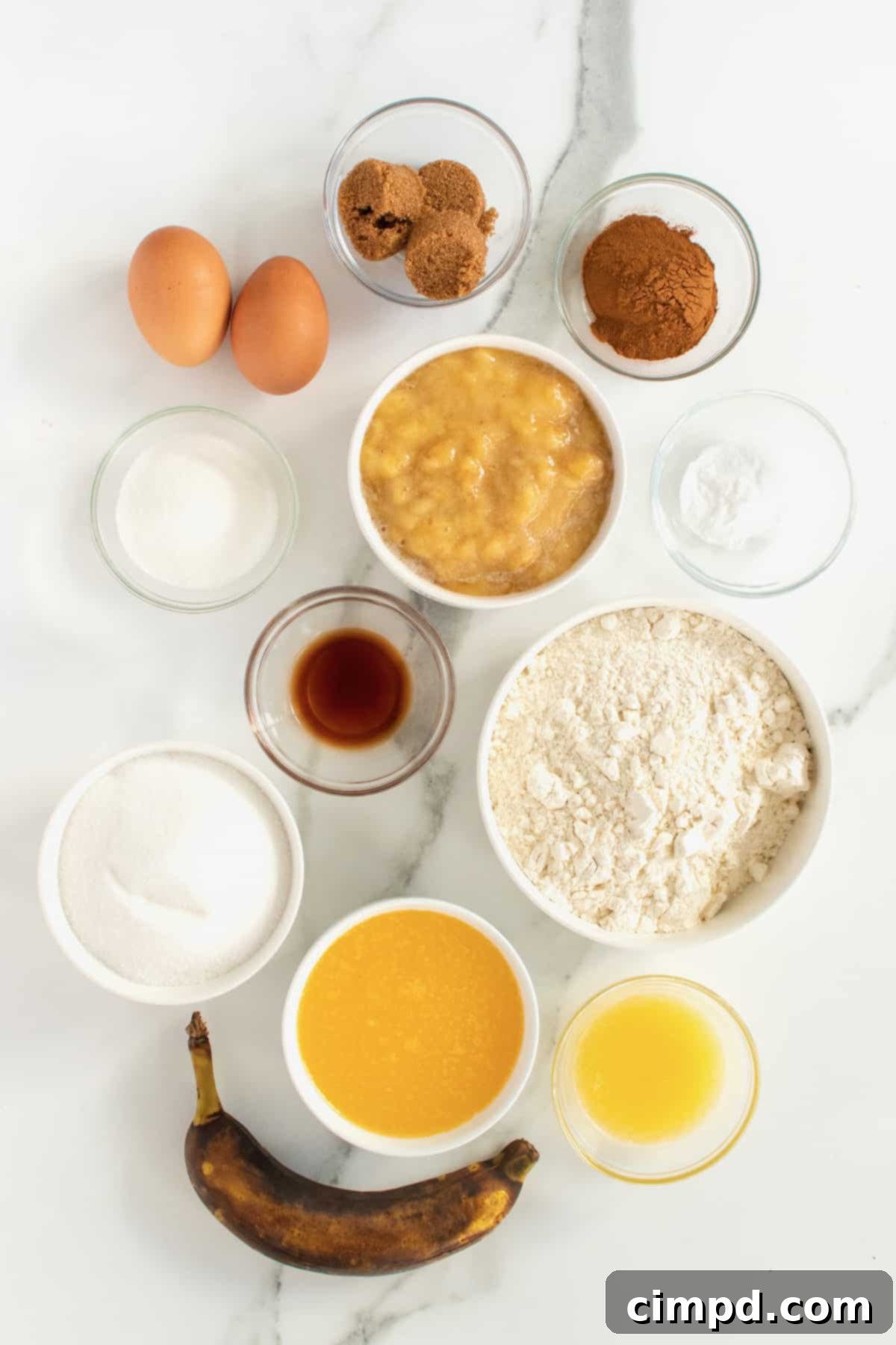 Ingredients laid out for Cinnamon Swirled Banana Muffins