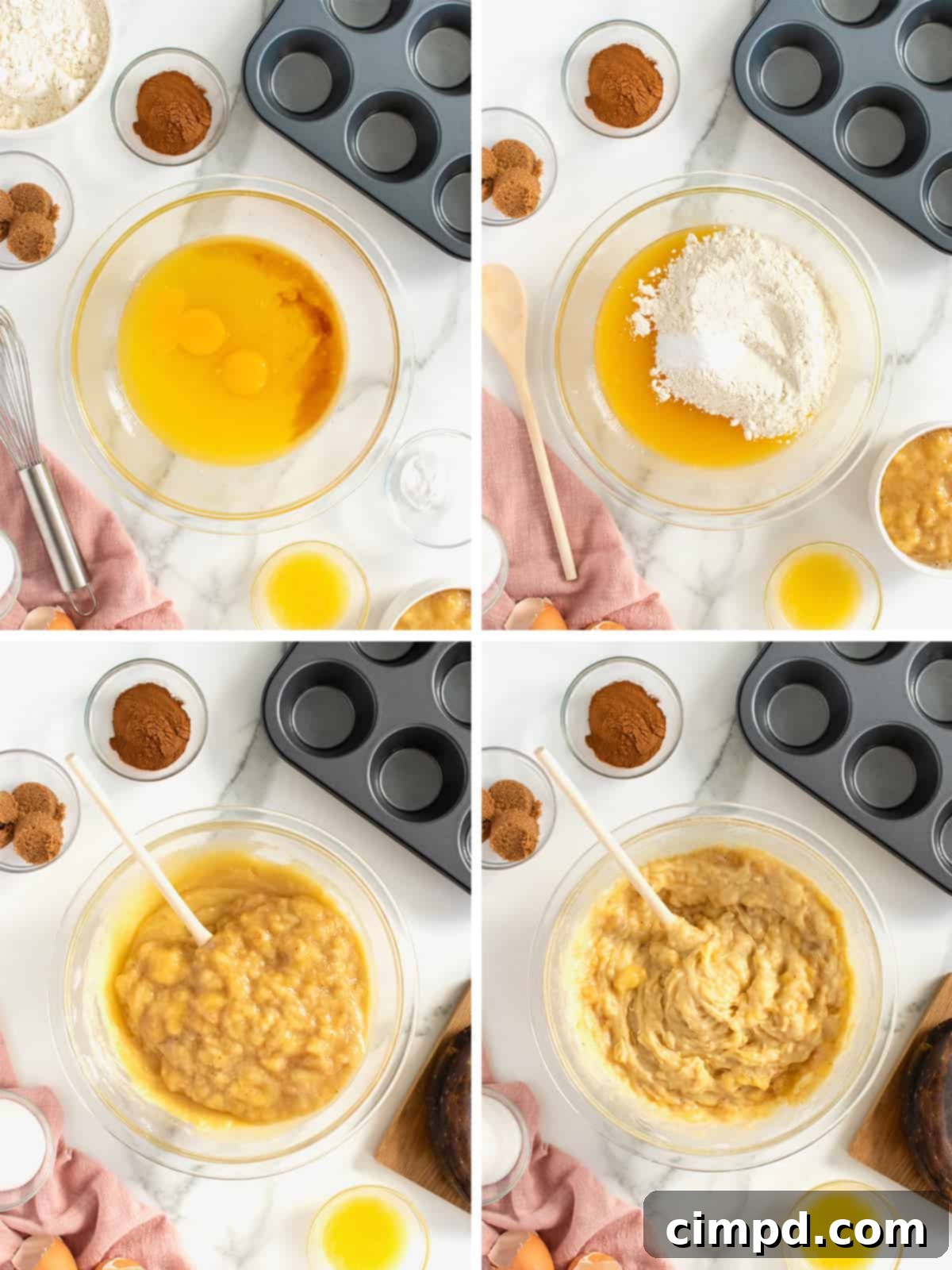 Process of mixing batter for Cinnamon Swirled Banana Muffins
