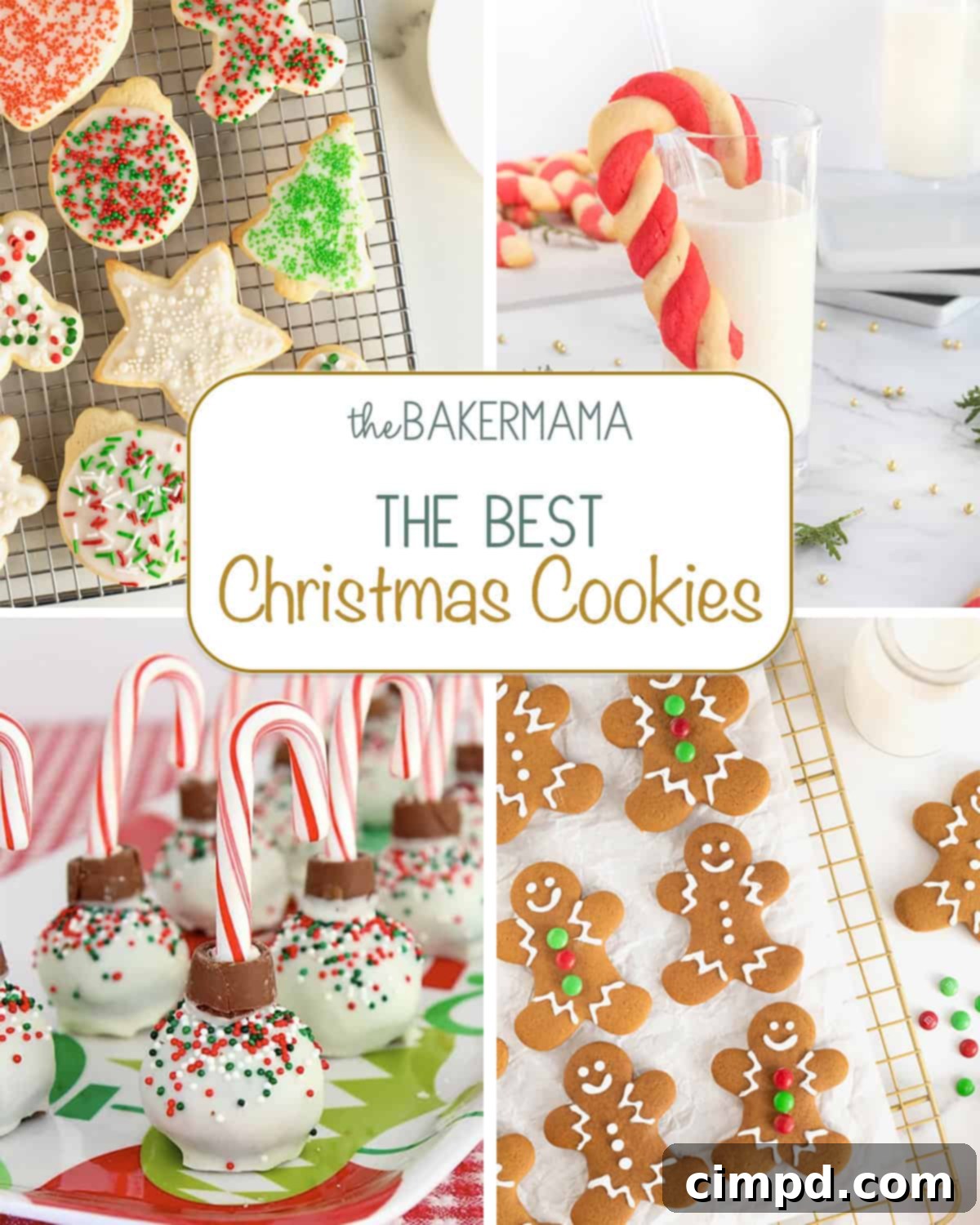 Easy No-Chill Cut Out Sugar Cookies, Candy Cane Cookies, Ornament Brownie Balls, Gingerbread Men Cookies - a delightful spread of festive Christmas cookies ready for a holiday cookie exchange or gifting.