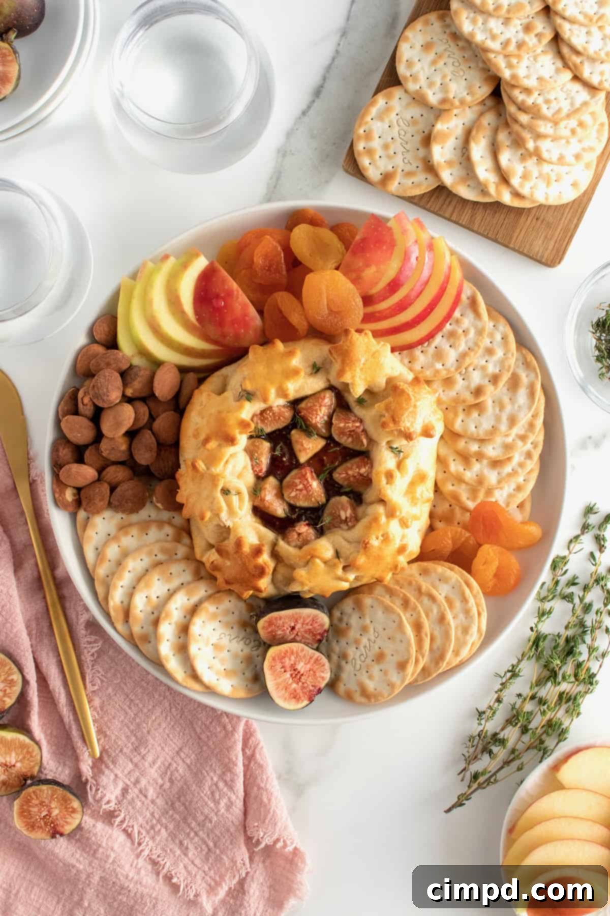 Close-up of golden brown baked brie with fig jam oozing, topped with fresh figs and thyme, ready to serve on a rustic board.