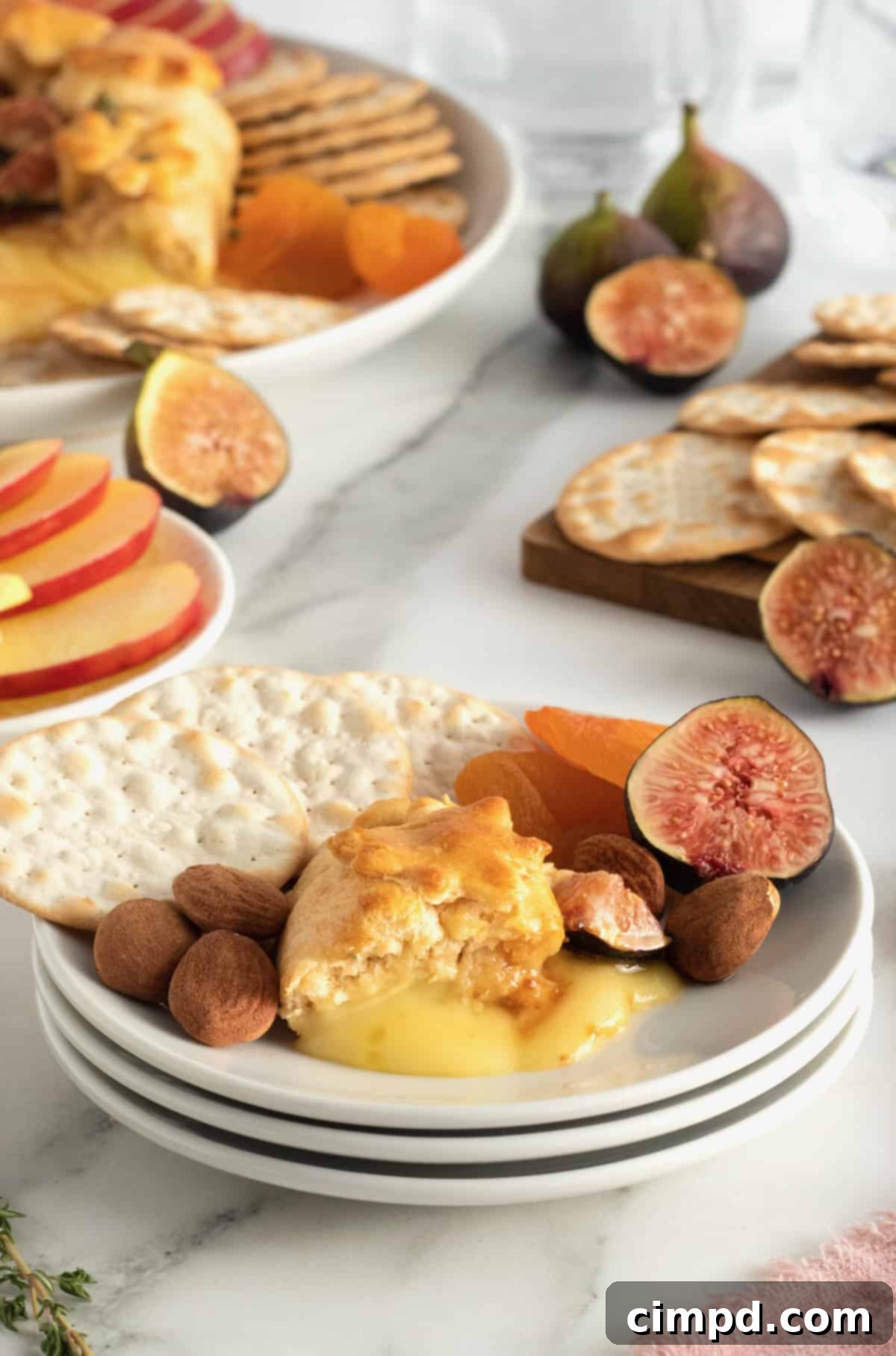 A beautifully arranged serving board featuring baked brie with fig jam, crackers, apple slices, and various nuts.