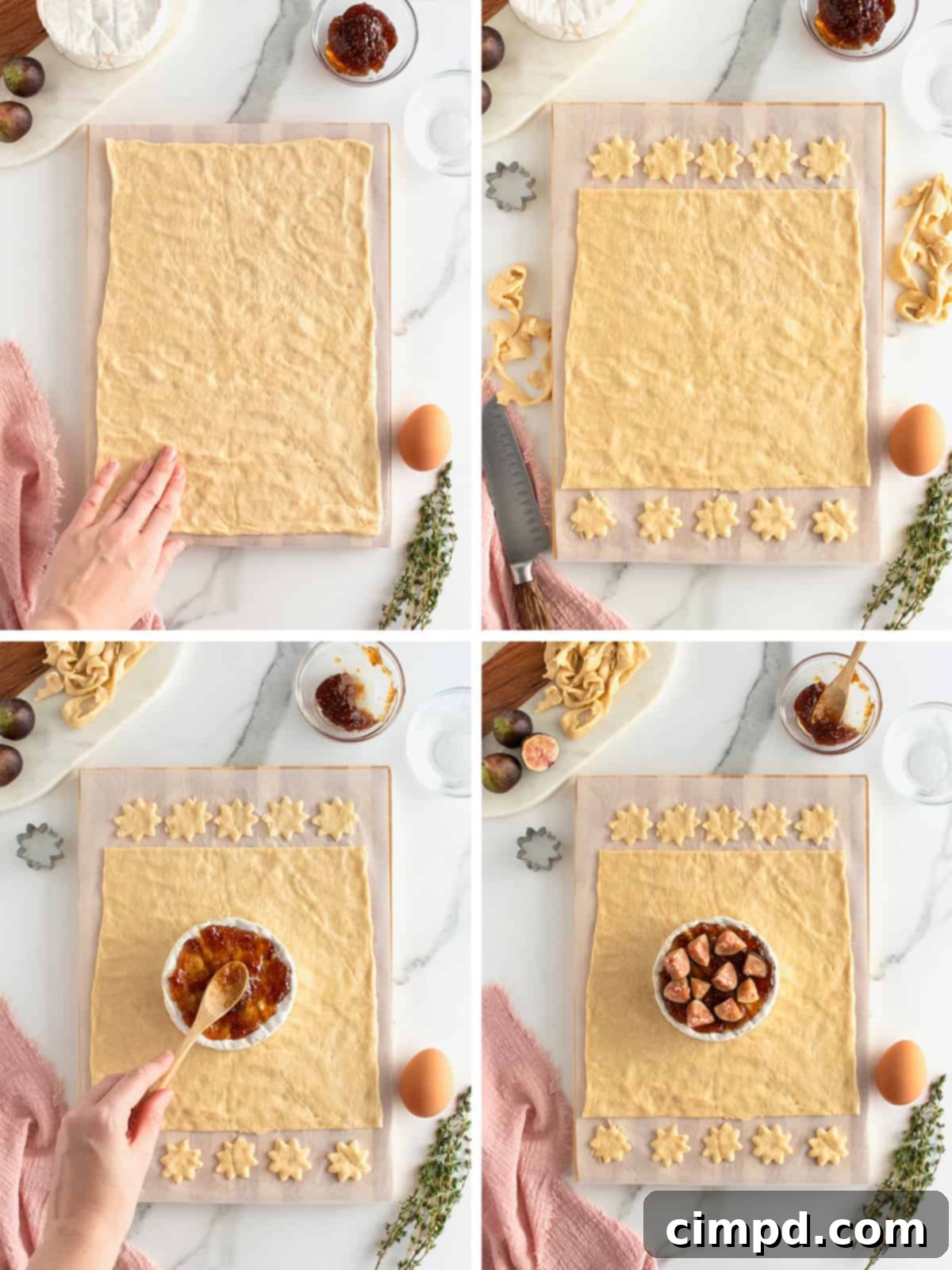 Step-by-step image showing fig jam and fresh figs being placed on a brie wheel, then wrapped in crescent dough.