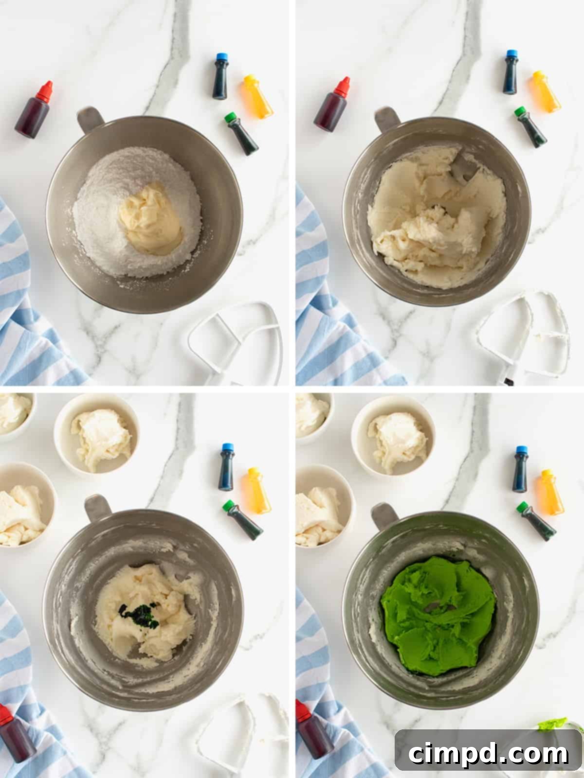 Hands mixing edible play dough with food coloring