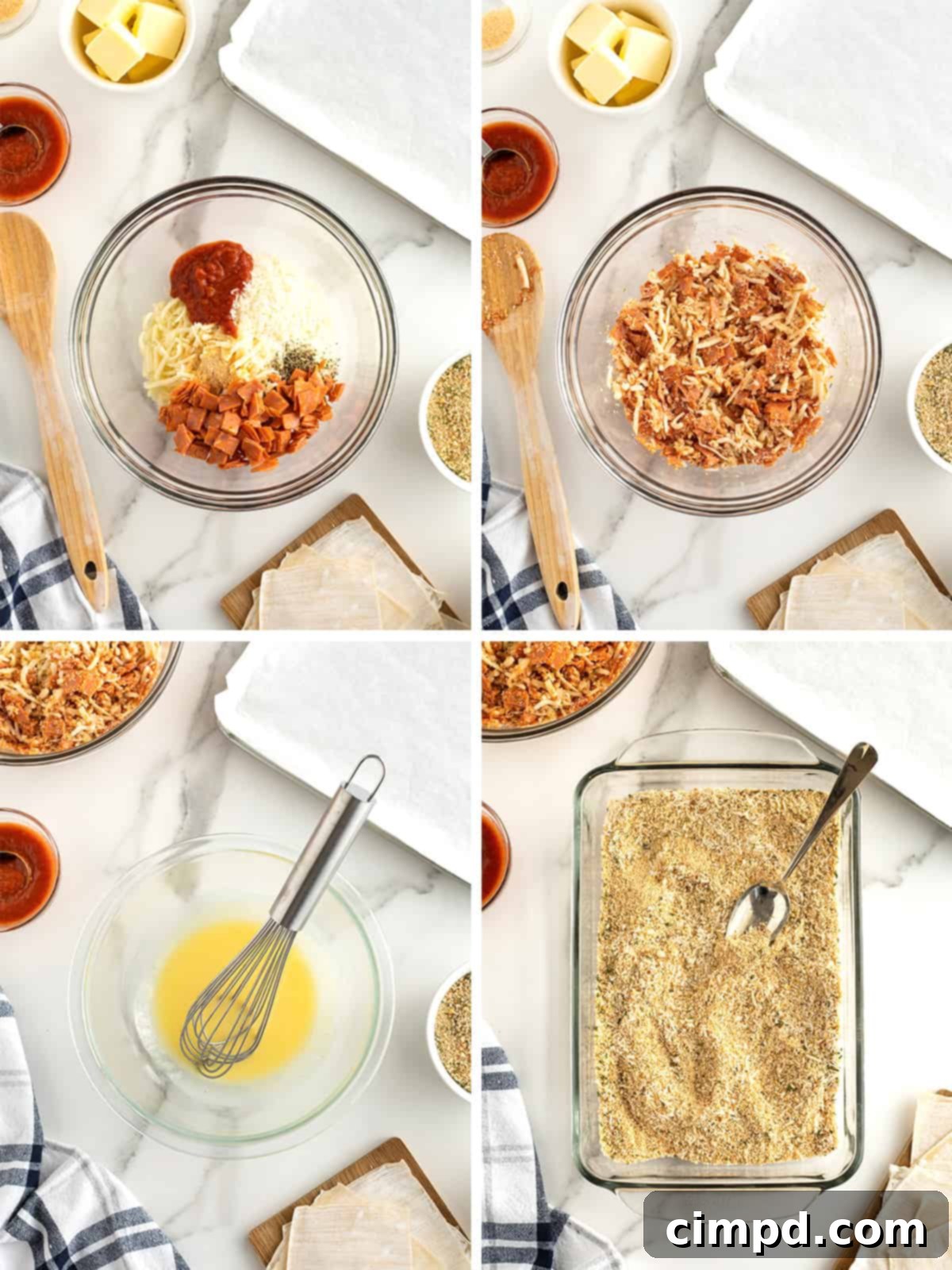 Visual step-by-step guide showing how to fold wonton wrappers filled with pizza ingredients.