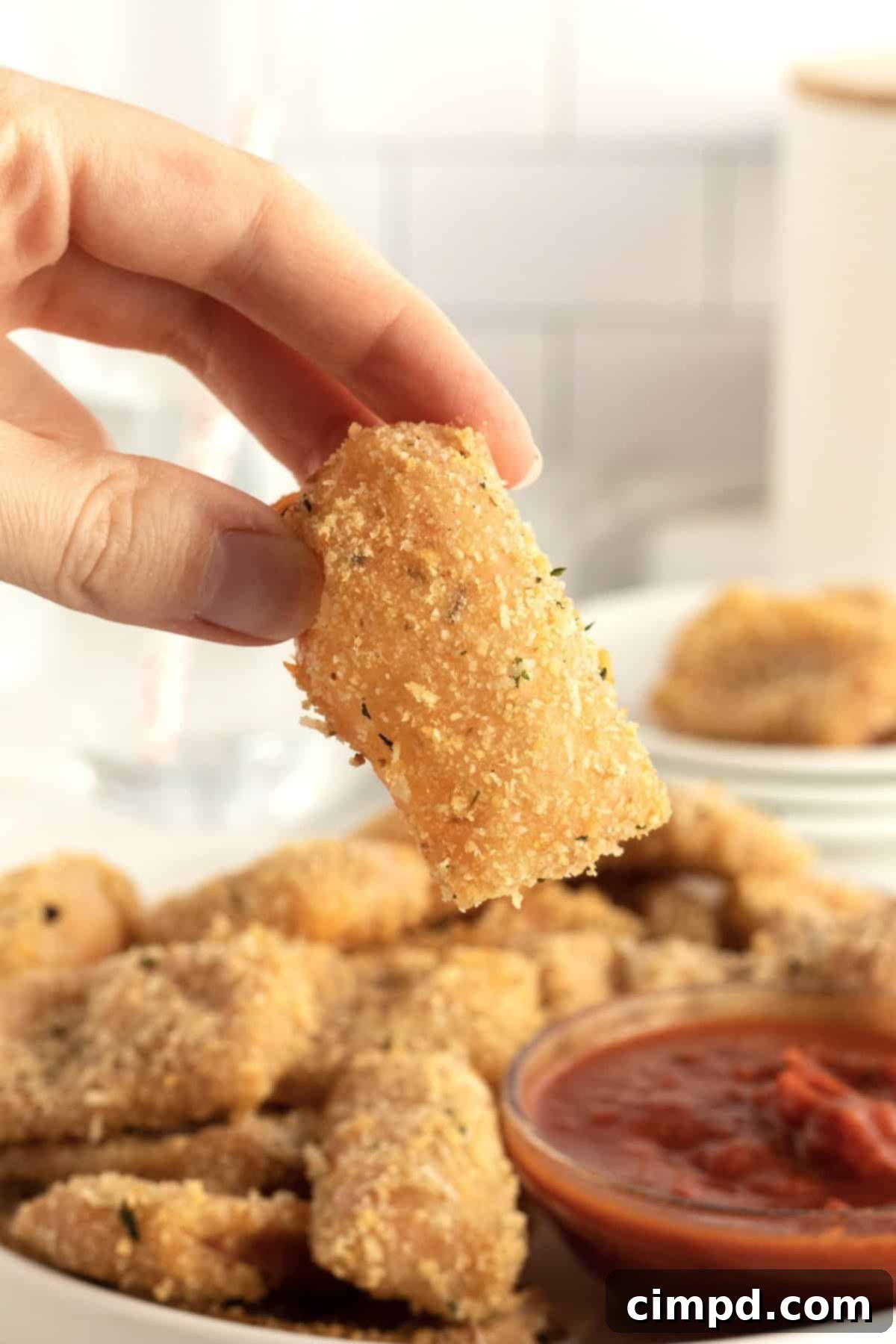 Close-up of baked pepperoni pizza pocket bites with a bowl of marinara sauce.
