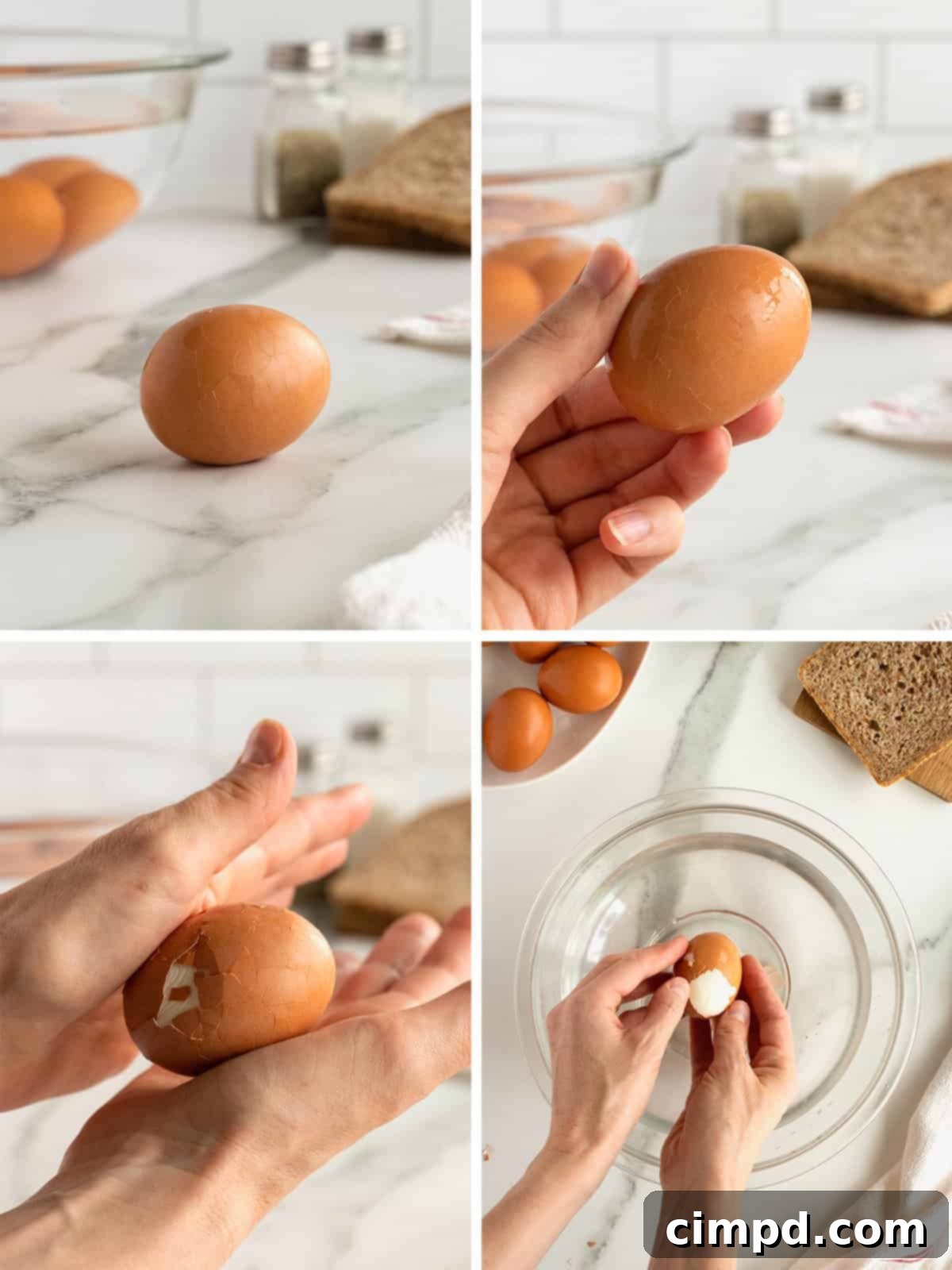 Hands peeling a soft-boiled egg under cold water