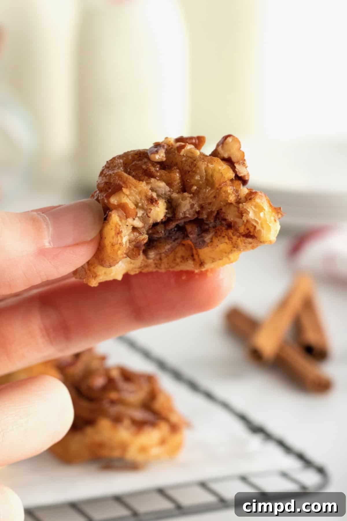 Gooey Sticky Bun Bites 3 Close-up of freshly baked Sticky Bun Bites by The BakerMama
