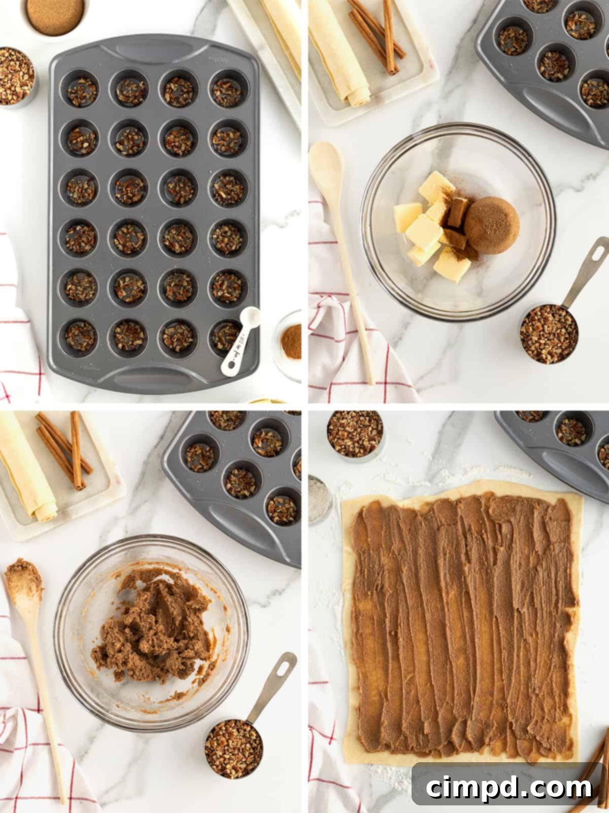 Gooey Sticky Bun Bites 6 Step-by-step image showing how to spread filling on puff pastry for Sticky Bun Bites