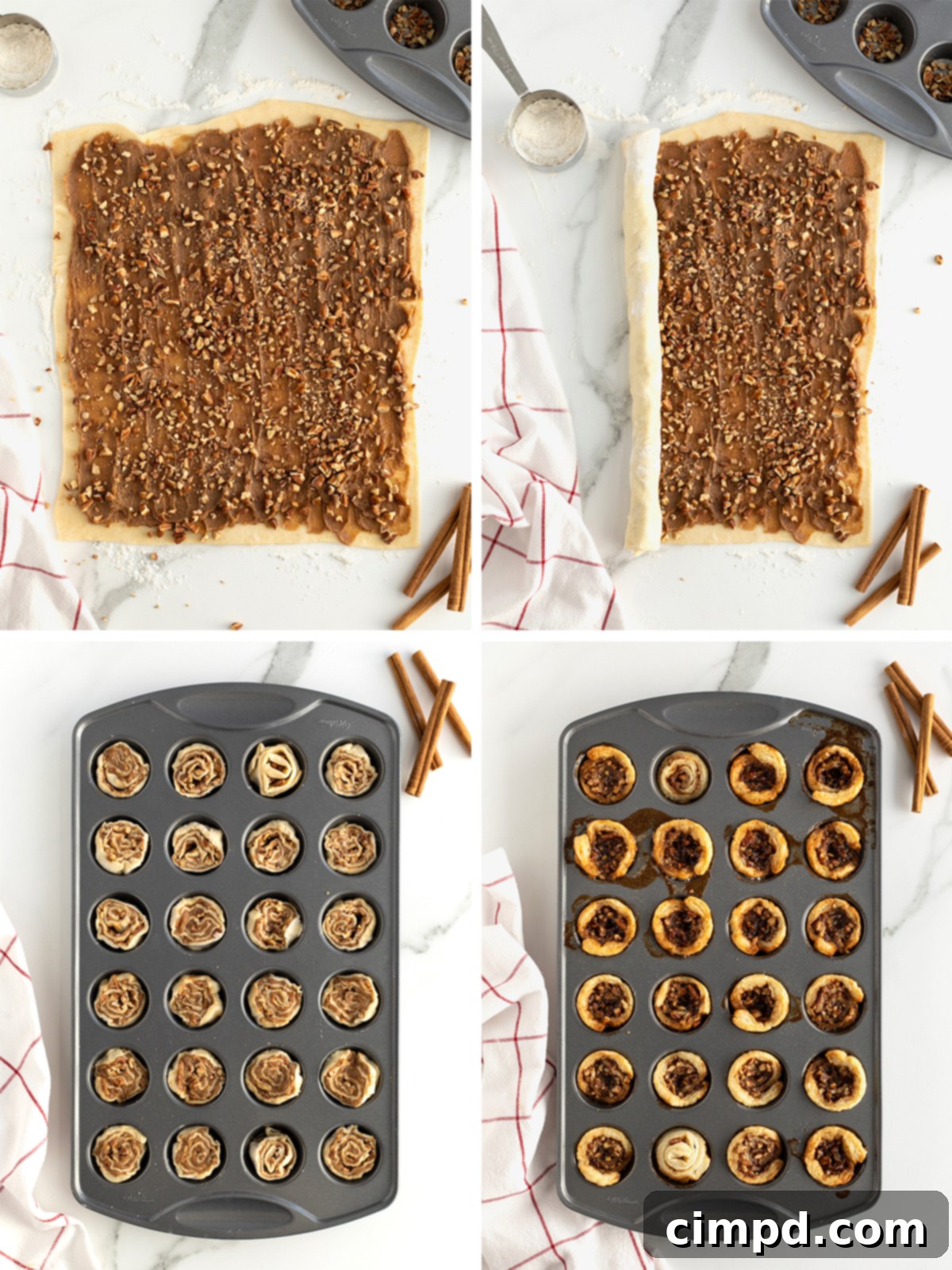 Gooey Sticky Bun Bites 7 Two-step image showing rolling and slicing puff pastry for Sticky Bun Bites
