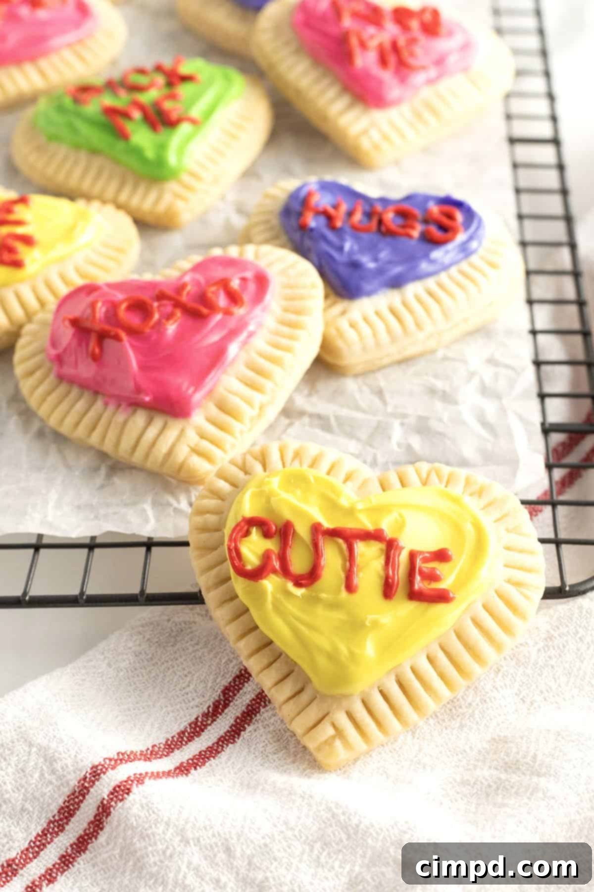 Finished Conversation Heart Pop Tarts for Valentine's Day by The BakerMama